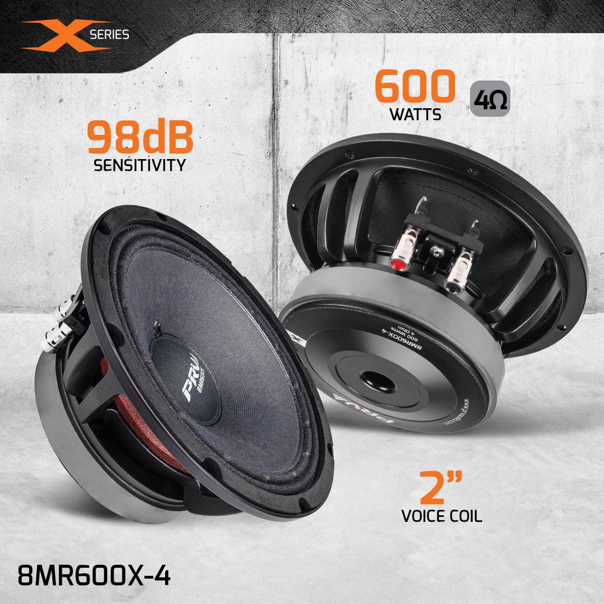 PRV AUDIO 8MR600X-4 - Altavoz de Rango Medio de 8 Pulgadas, 600 vatios 4 ohmios, Bobina de Voz de 2 Pulgadas, Altavoz X-Treme de Rango Medio para Sistemas de Audio Profesionales para automóviles