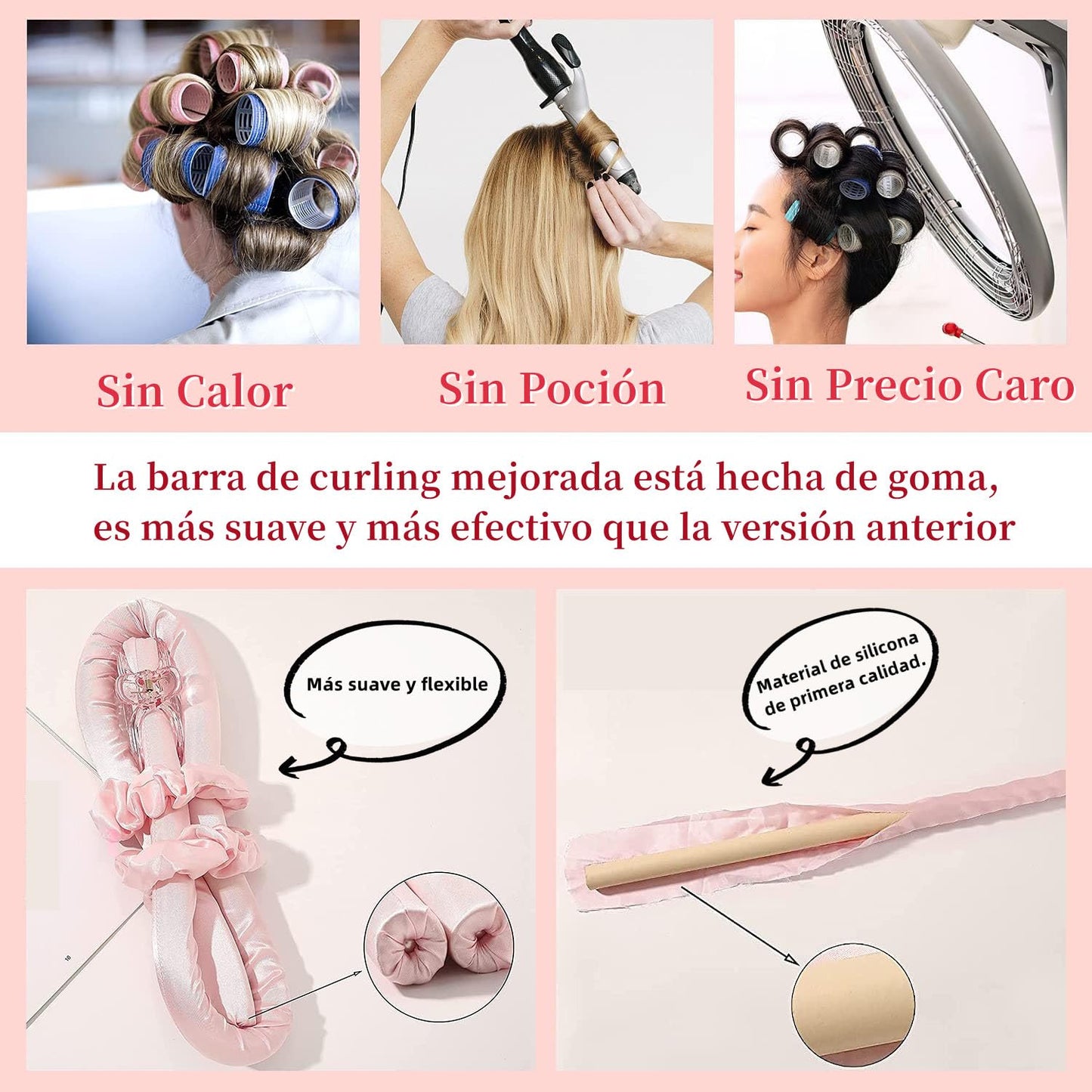 Rizador Pelo Sin Calor, Rulos Flexibles para Rizar Pelo Ondas, con Pinzas para el Cabello y Coletero, Kit de Herramientas de Peinado de Pelo de Seda Suave, Sin Daños, Sin Calor - Rosa