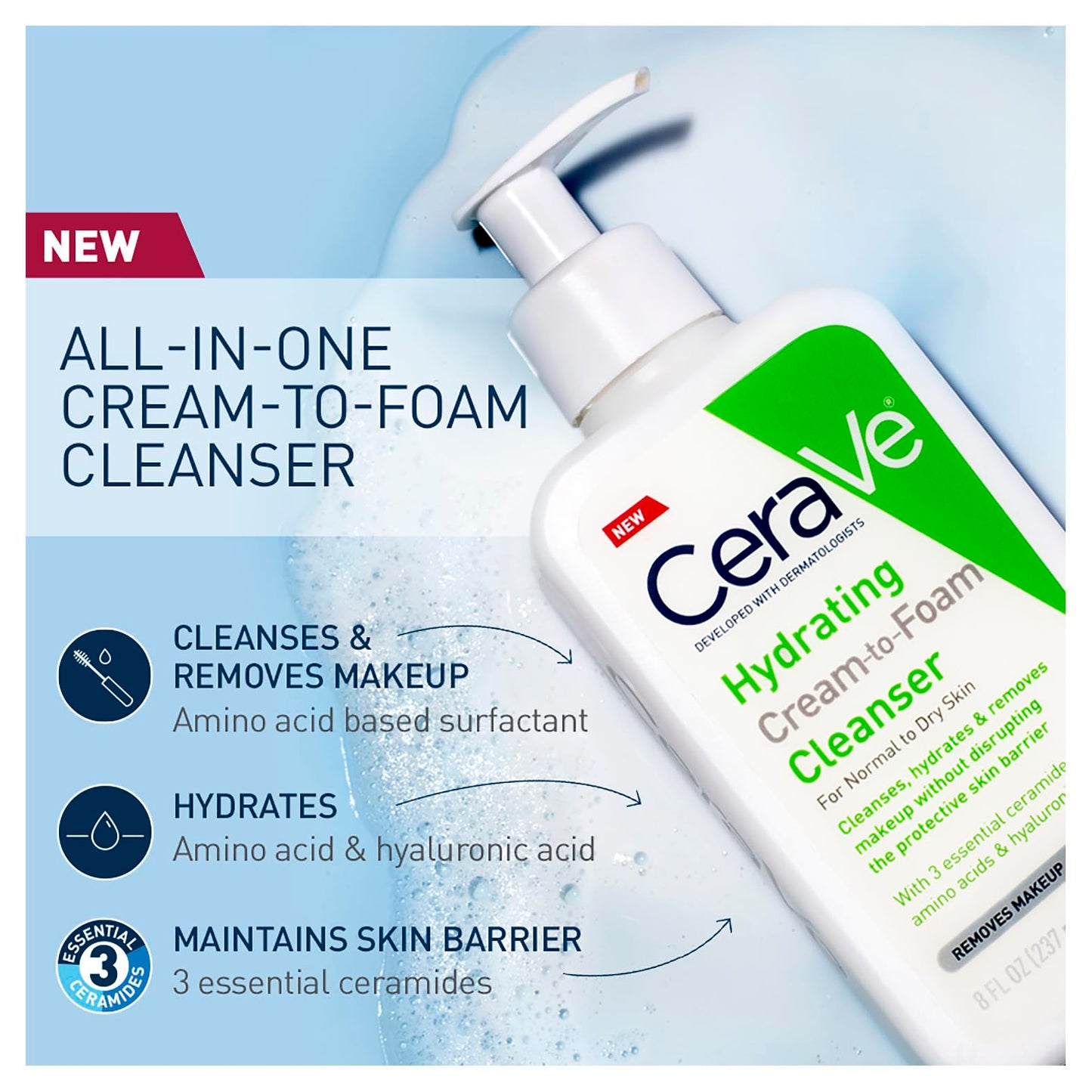 CeraVe Limpiadora Crema-Espuma Hidratante Facial Diaria para Piel Normal a Seca 236ml