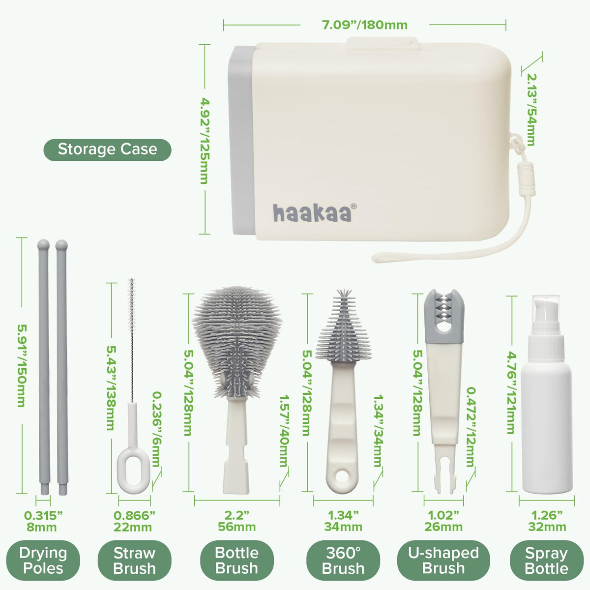 haakaa - Juego de cepillos para botellas de viaje, 7 en 1, kit de limpieza de biberones con cepillo para polvo de biberones, cepillo para polvo de 360°, cepillo para polvo de pajita, cepillo para