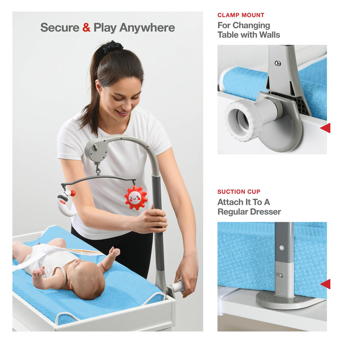 Cambiador – Cambiador de espuma contorneado para bebé para cambiador, cambiador de pañales impermeable, incluye funda antideslizante, suave, extraíble y lavable, barra de juguete portátil con modo