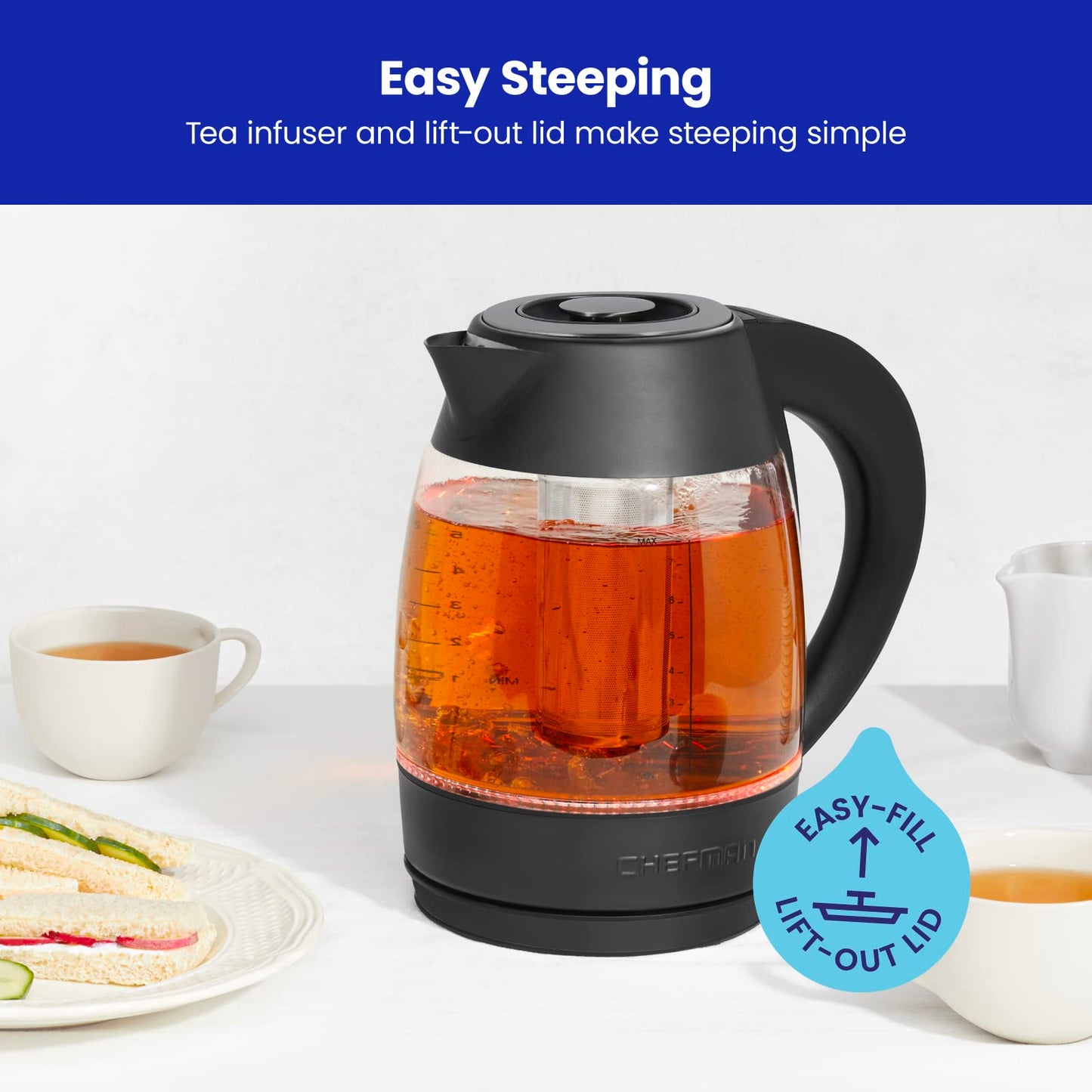 Chefman - Hervidor eléctrico digital con tecnología de ebullición rápida de 3 minutos, temporizador de empinada personalizado y preajustes de temperatura, infusor de té adicional, a prueba de óxido y