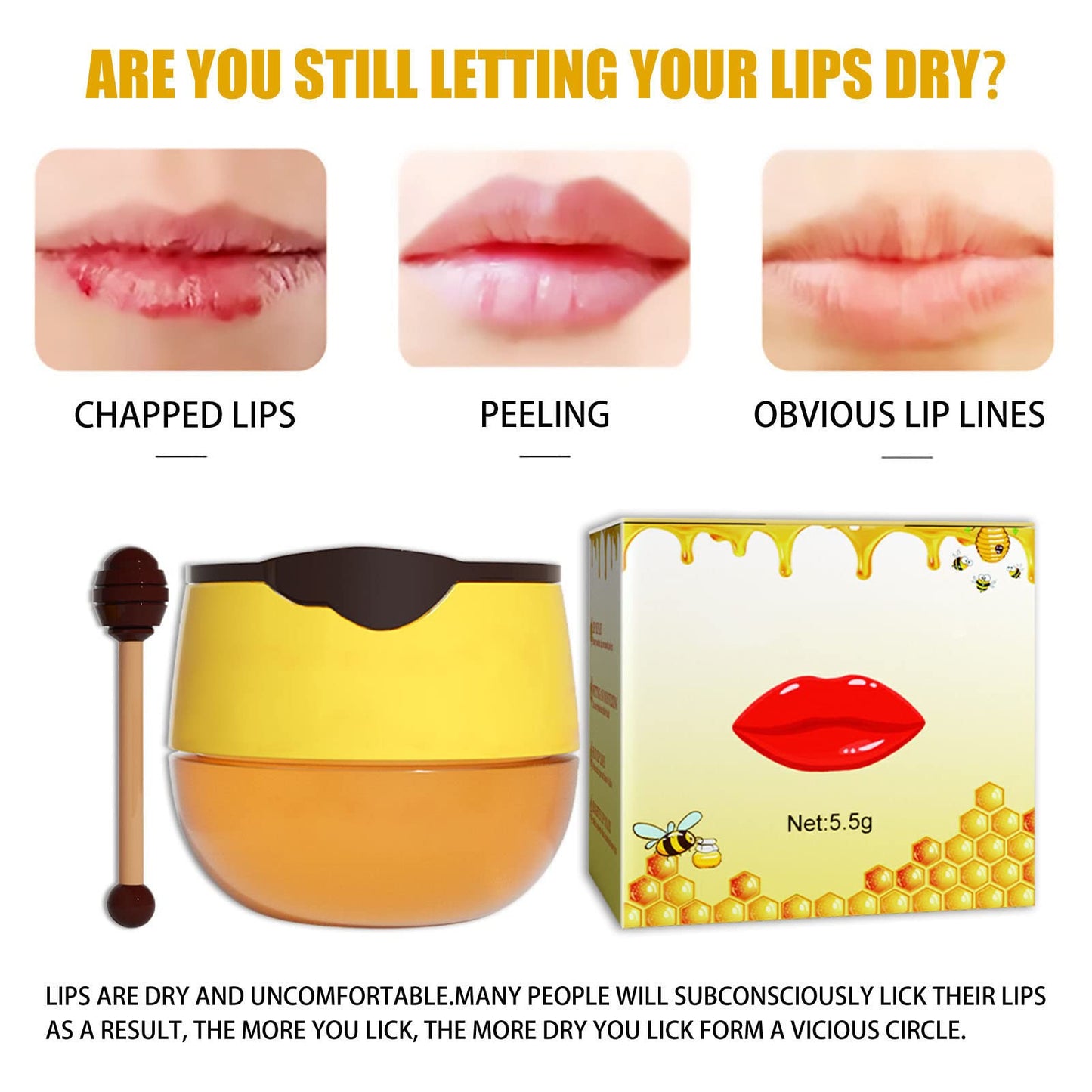 Mascarilla para Dormir de Labios, 2 Piezas de Bálsamo de Abeja, Bálsamo Labial, Tarro de Miel, Propóleos, Mascarilla Hidratante para Labios de Miel, Bálsamo Labial, Hidratante y