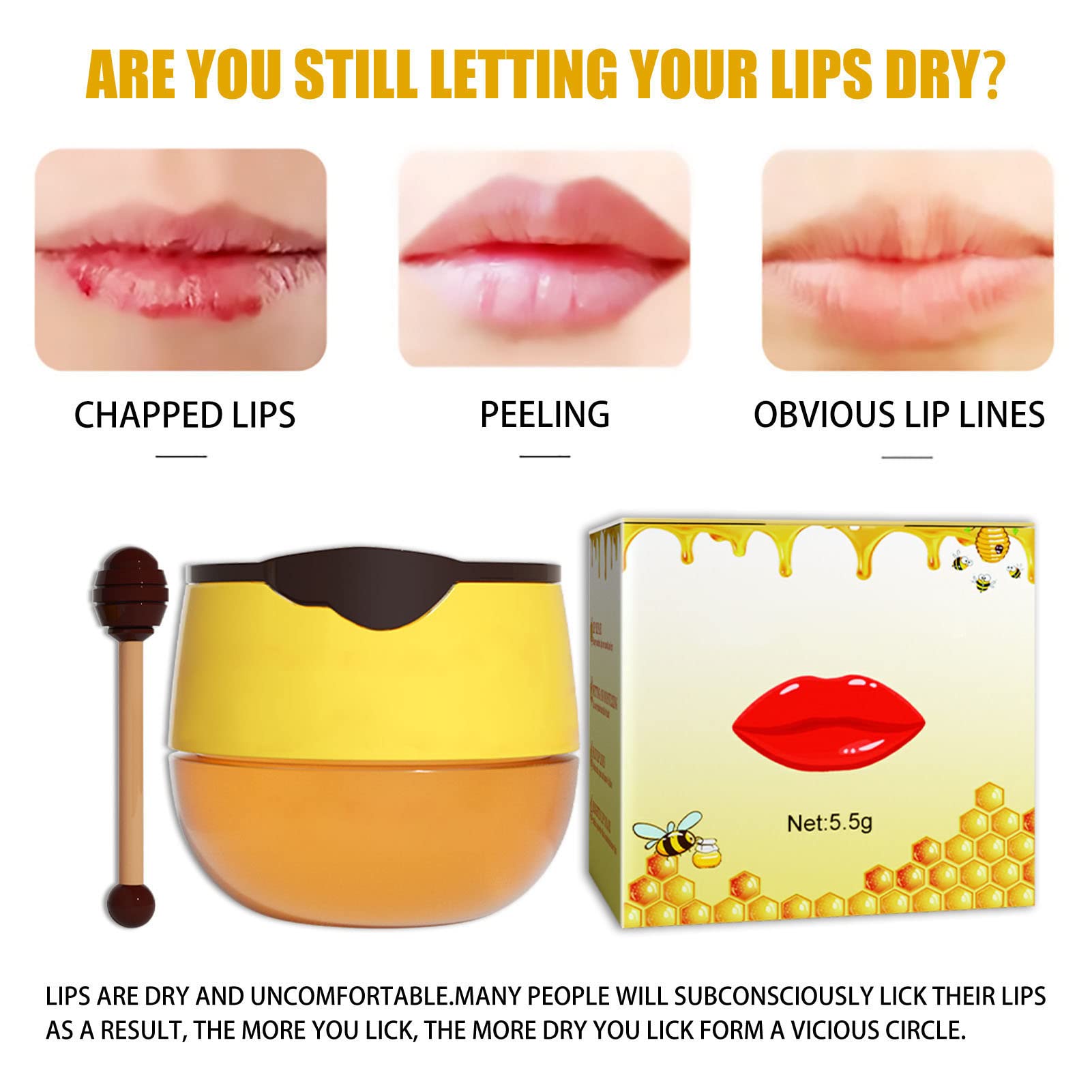 Mascarilla para Dormir de Labios, 2 Piezas de Bálsamo de Abeja, Bálsamo Labial, Tarro de Miel, Propóleos, Mascarilla Hidratante para Labios de Miel, Bálsamo Labial, Hidratante y
