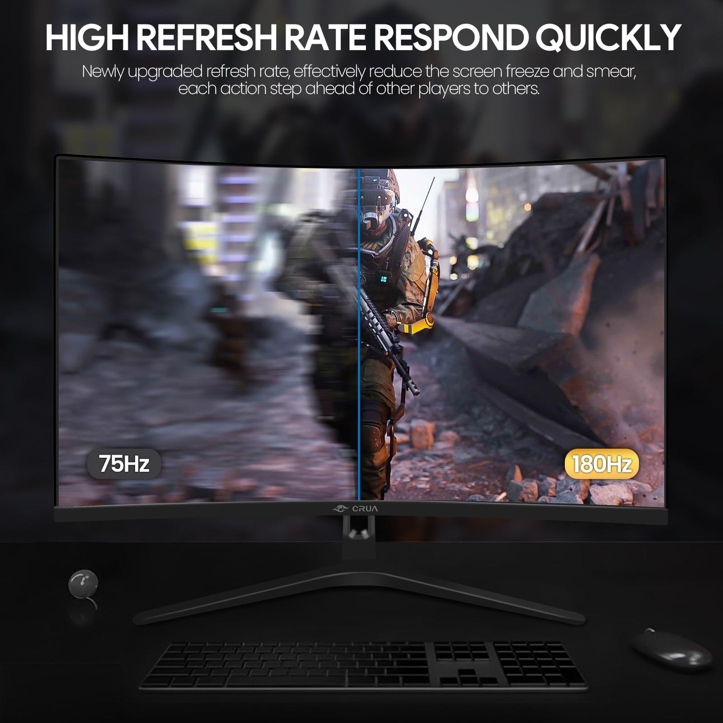 CRUA - Monitor curvo de 27 pulgadas para juegos, 144 Hz/165 Hz, Full HD 1080P 1800R, sin marco, 1ms GTG con FreeSync, desenfoque de movimiento bajo, cuidado de ojos, VESA, DisplayPort, HDMI, negro