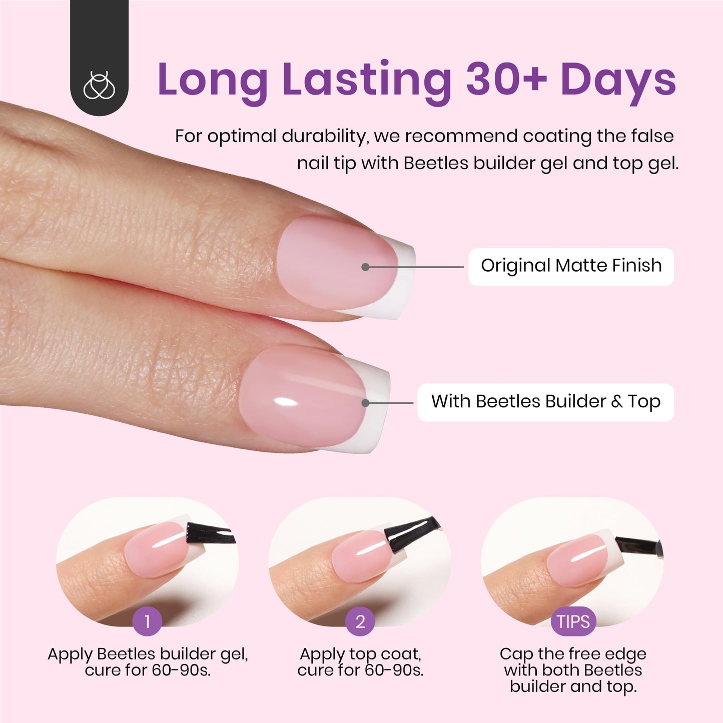 Español:Uñas francesas con punta a presión Beetles: 150 piezas de uñas cuadradas cortas rosas a presión 4 en 1, uñas de gel con punta de gel, imprimación y capa base preaplicadas, no necesita lima, manicura casera para extensiones de uñas y regalos de Año