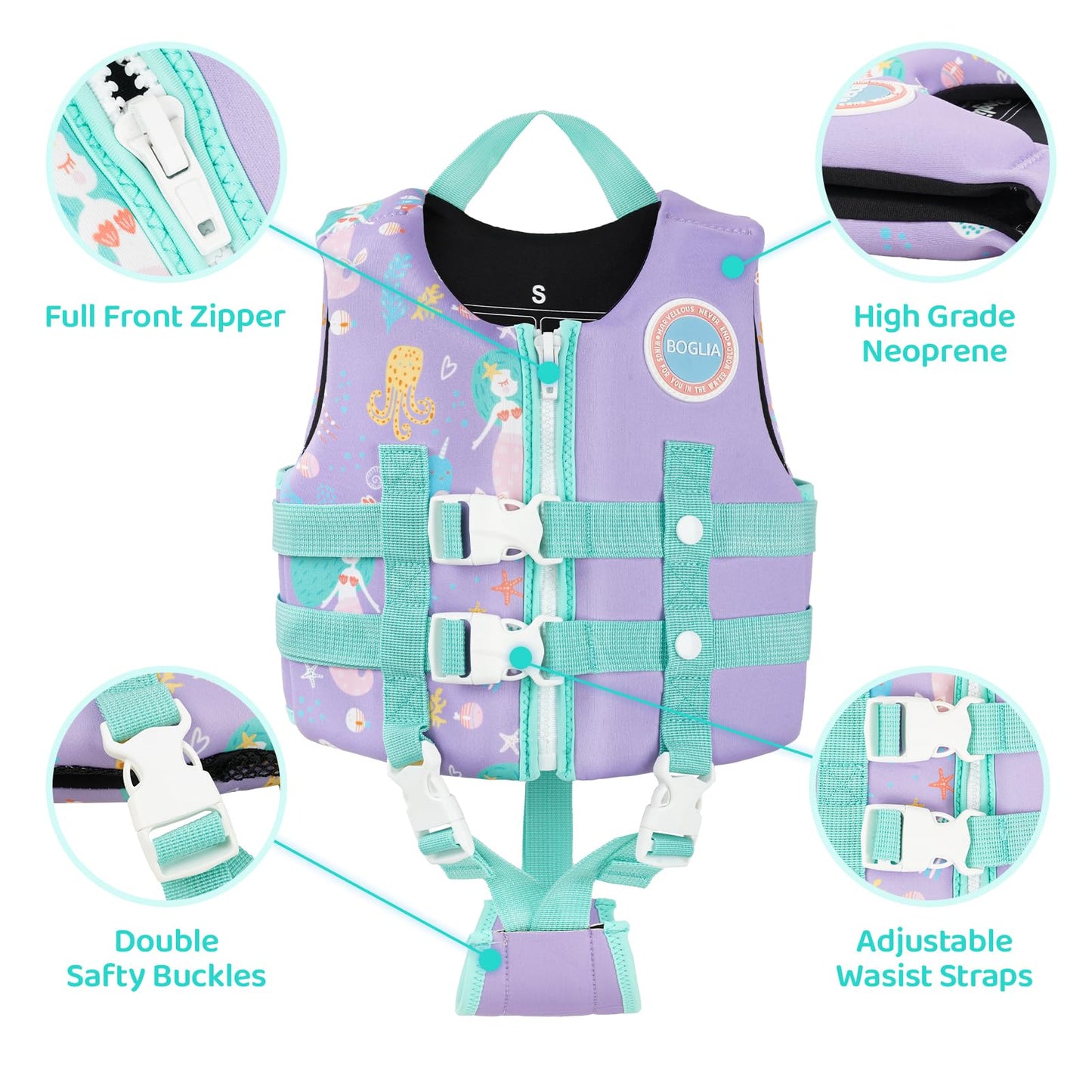 Boglia - Chaleco de natación para niños y niñas de 20-30-40-50-60-70-80-80 libras con correa de seguridad ajustable