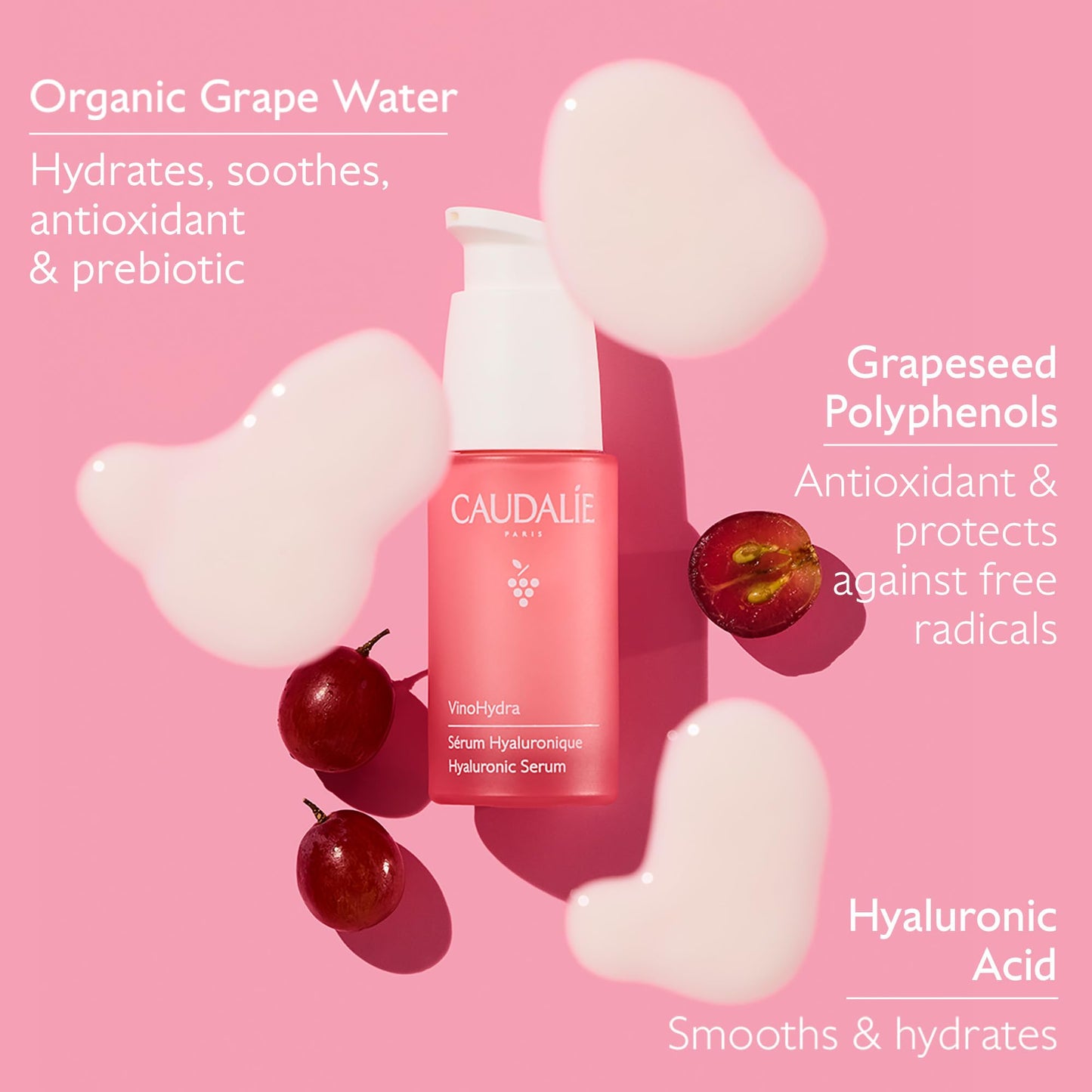 Caudalie VinoHydra Suero de Ácido Hialurónico para el Rostro, Suero Hidratante Restaura la Barrera Hidratante y Calma la Piel, Dermatológicamente Testado y Vegano, 30 mL.