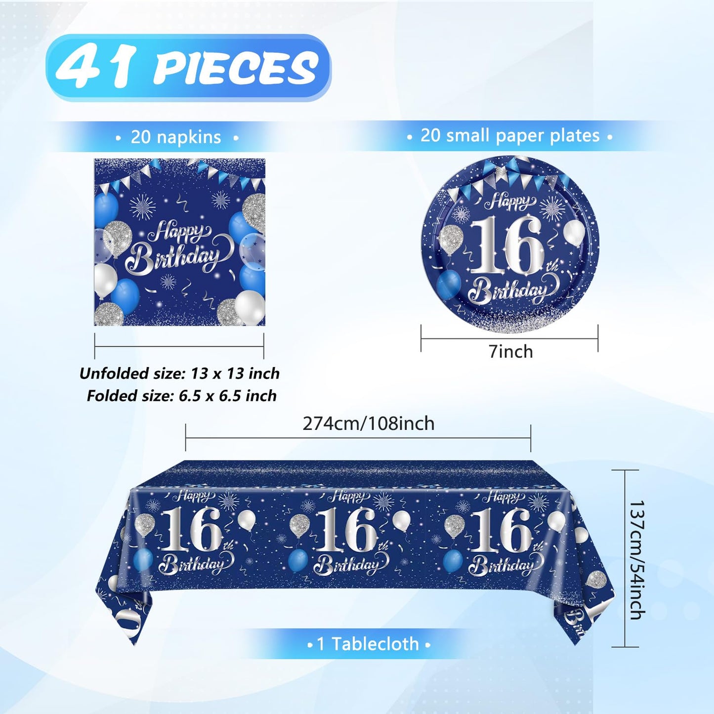 Decoraciones de Cumpleaños 16 Azul Marino Plata, Suministros para Fiesta Dulces 16 para Niños y Niñas