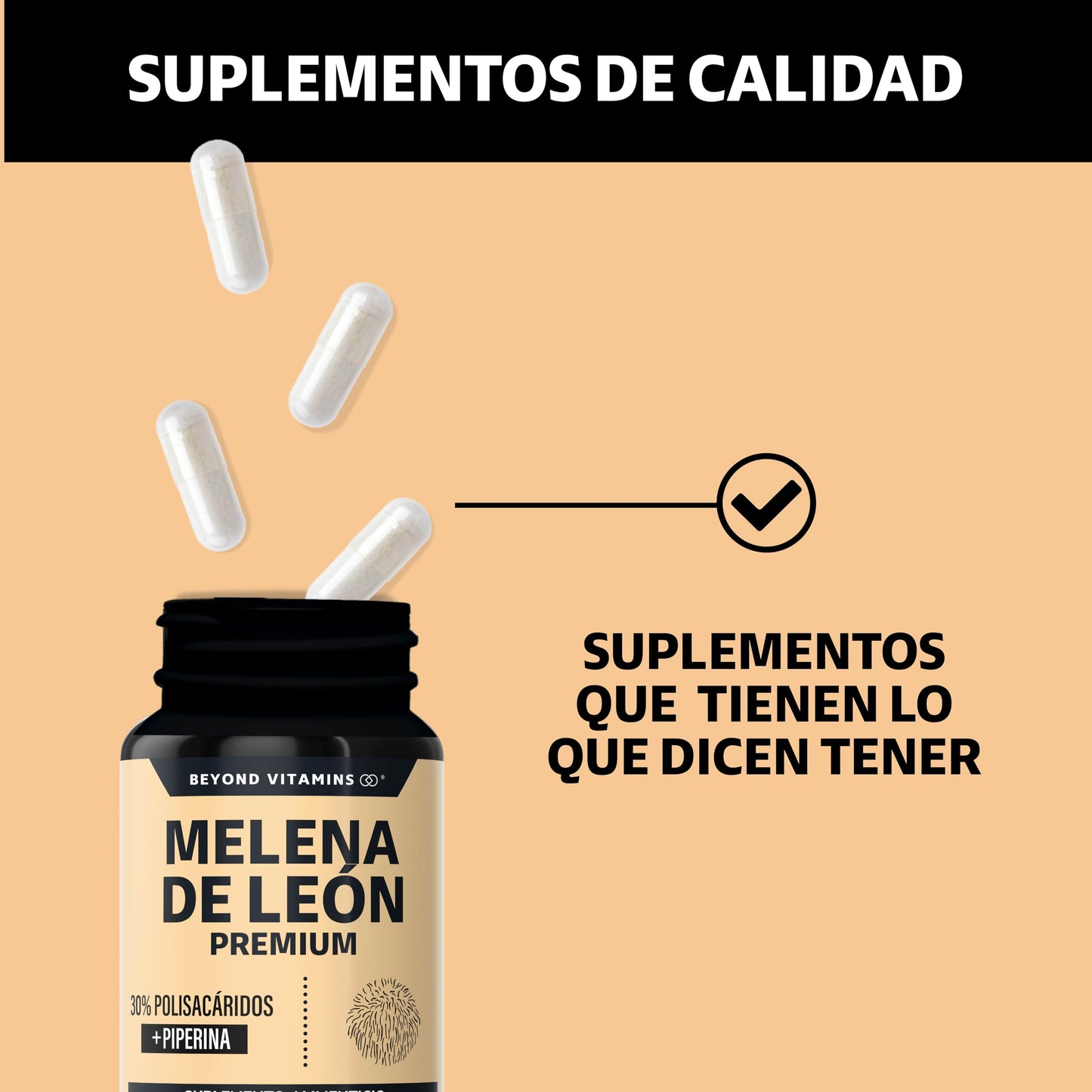 Beyond Vitamins | Hongo Melena de León | Extacto proveniente del Micelio con 30% de Polisacáridos + Piperina al 95% para máxima biodisponibilidad | Sin metales pesados | Vegano | 60 cápsulas