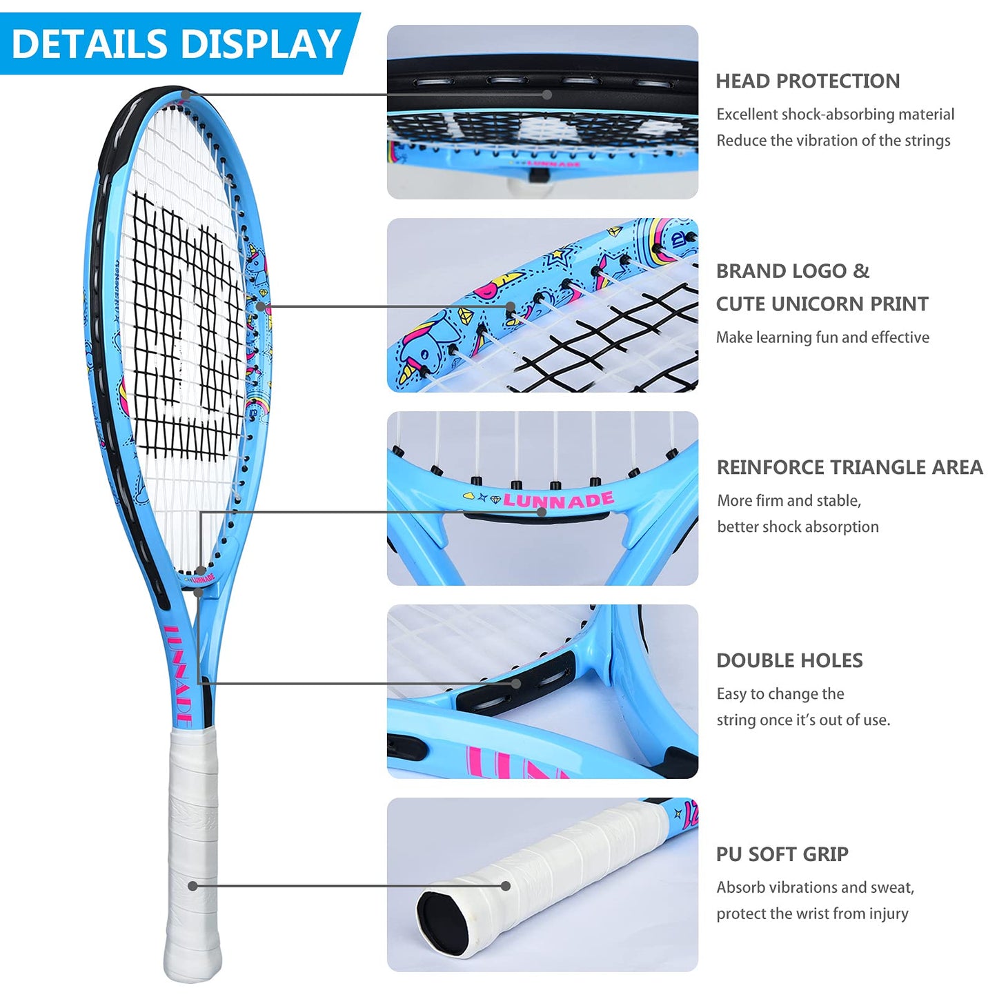 Raqueta de Tenis LUNNADE Infantil Multicolor con Cubierta para Niños y Niñas Principiantes