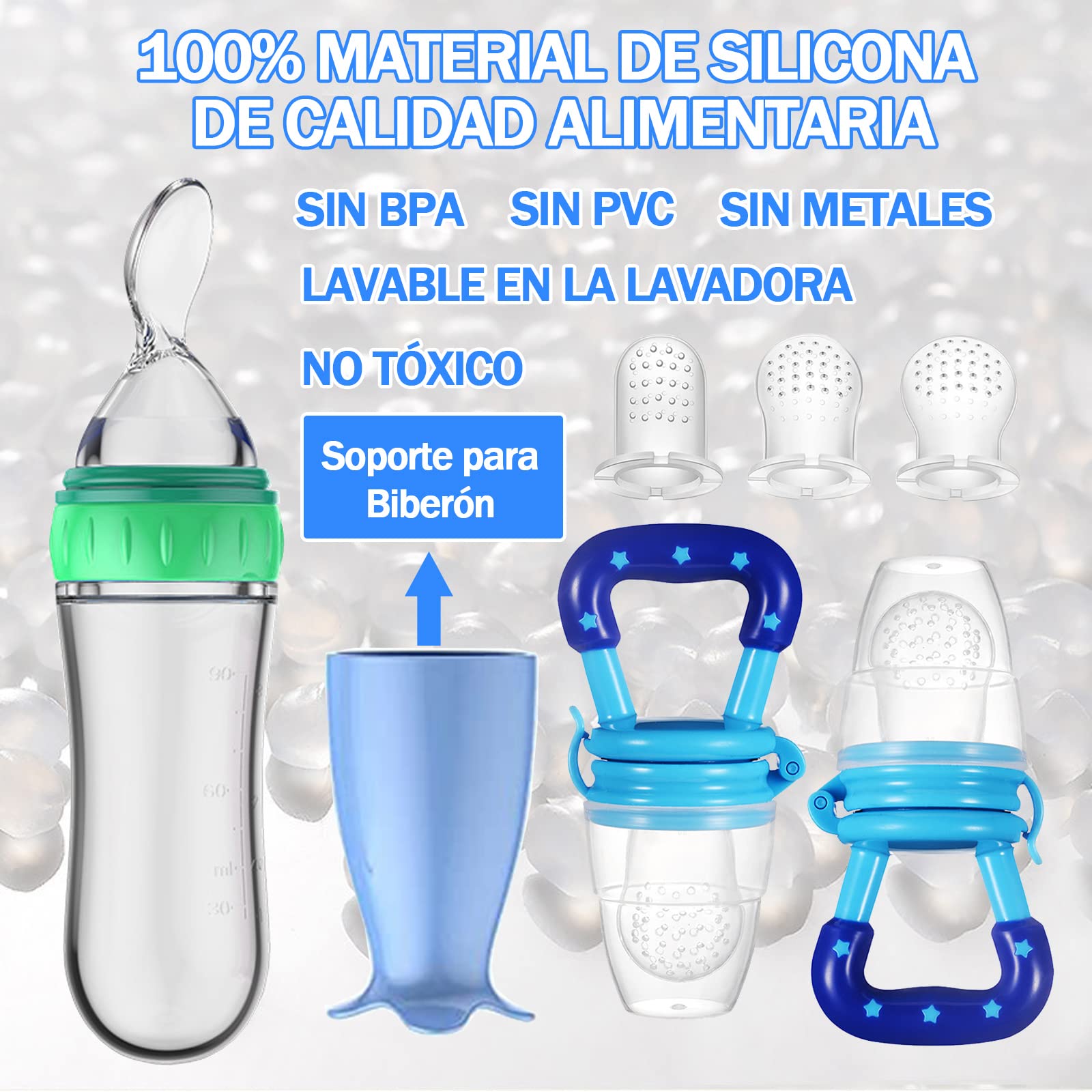 Juego de Chupón Alimentador para Bebé, Azul, de Silicona Libre de BPA