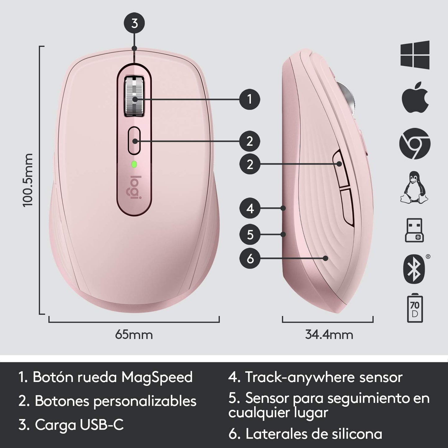 Logitech MX Anywhere 3 Mouse Compacto de Alto Desempeño, Inalámbrico, Scroll Rápido, 4000DPI, Botones Personalizables, USB-C, Bluetooth, Mac/iPad/Windows/PC/Linux/Chrome - Rosa
