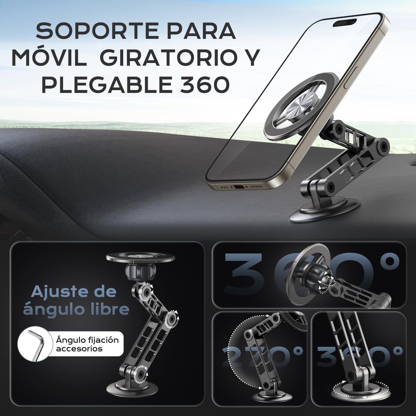 Fallinep Soporte para Celular, Aluminio de Porta Celular para Auto, Plegable y Giratorio de Base para Celular Automovil, Portacelular para Auto, Magnetic Phone Holder