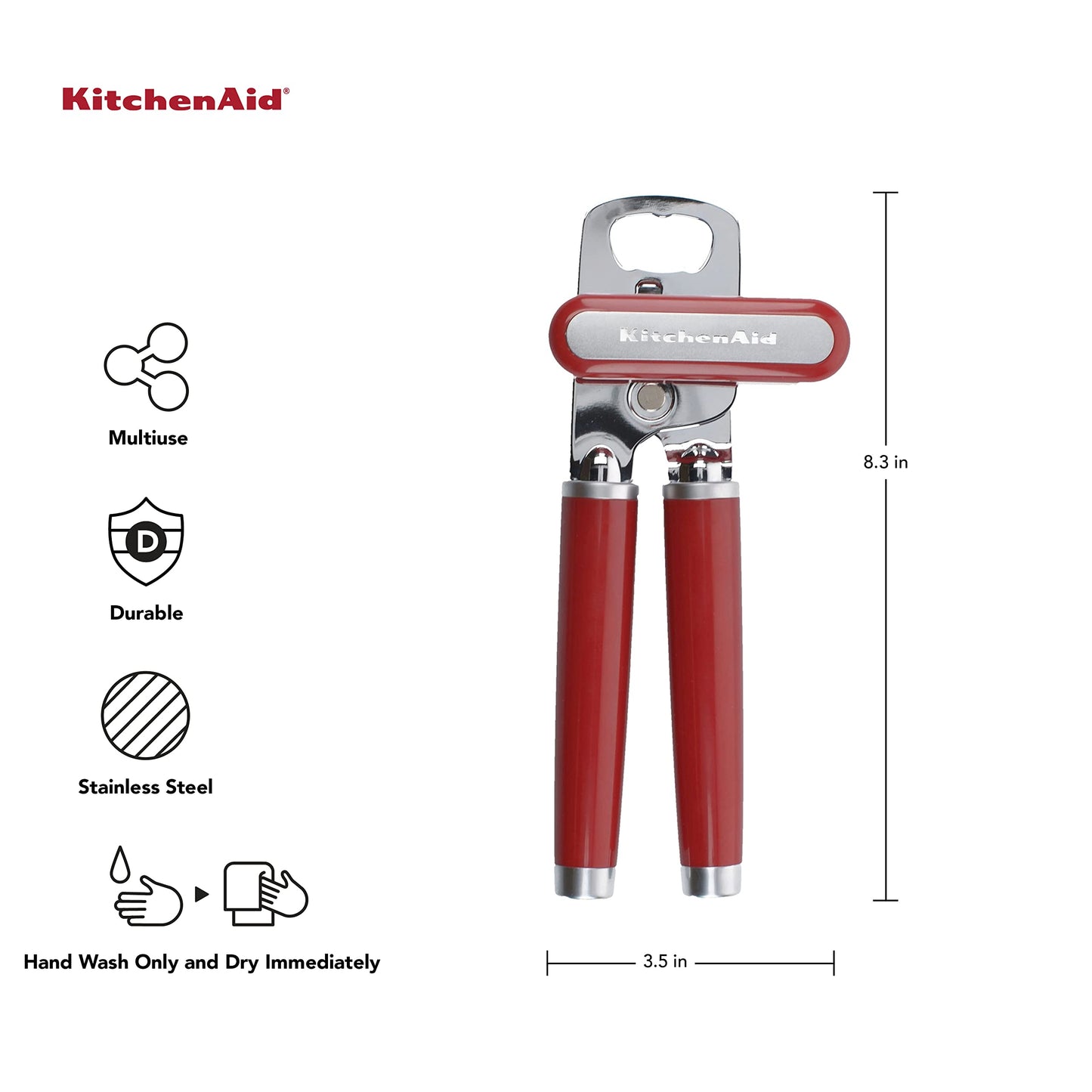 KitchenAid - Abrelatas y abrebotellas multifunción clásico fácil de usar, rueda de corte de acero inoxidable afilada, asas ergonómicas suaves, rojo imperio