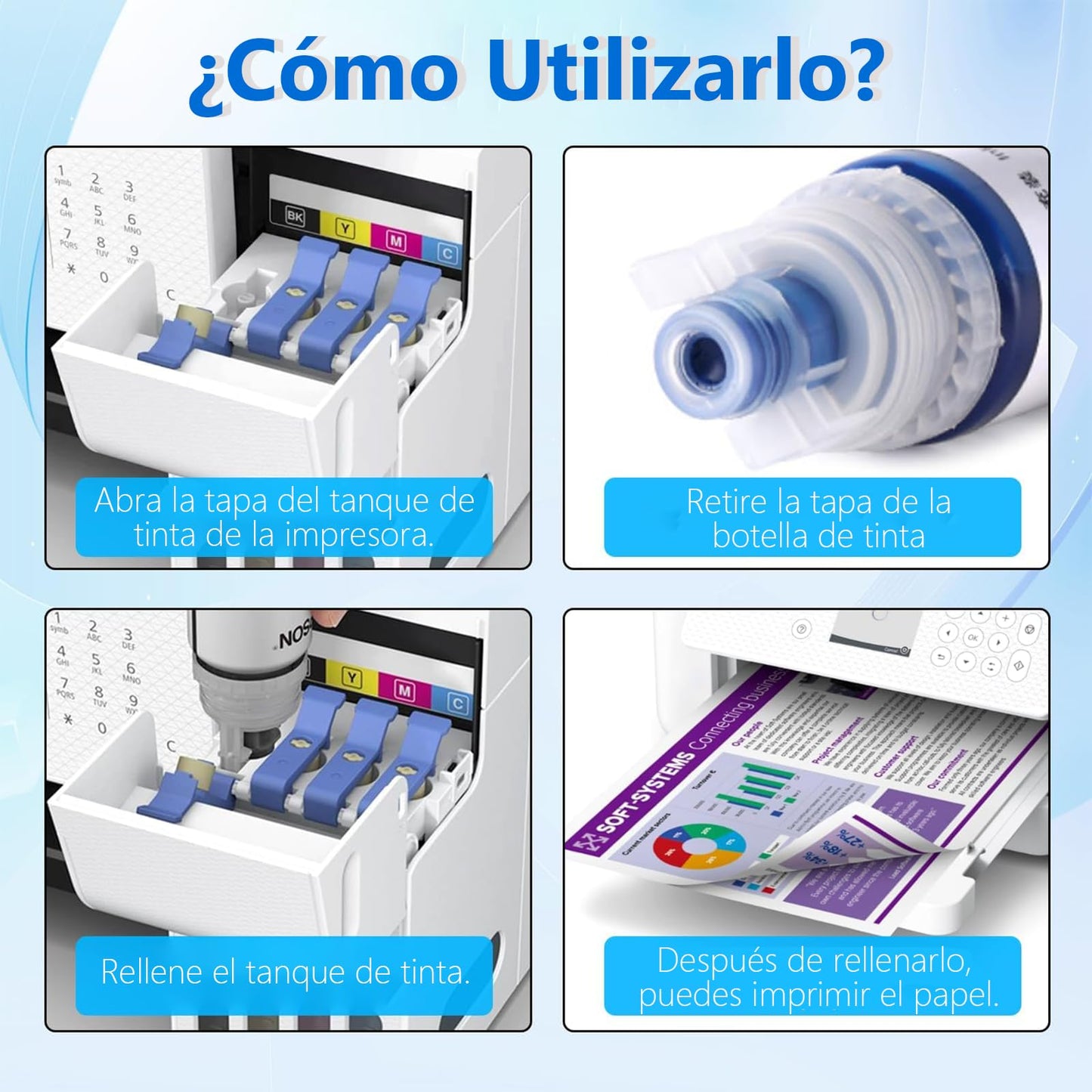 GLINTYU 4 Pack Botella Repuesto Tinta 544, Compatible con Tinta Epson 544, Negro, Azul, Rojo, Amarillo, Compatible para T544, L1110, L3110, L3150( 70 ml Cada una)