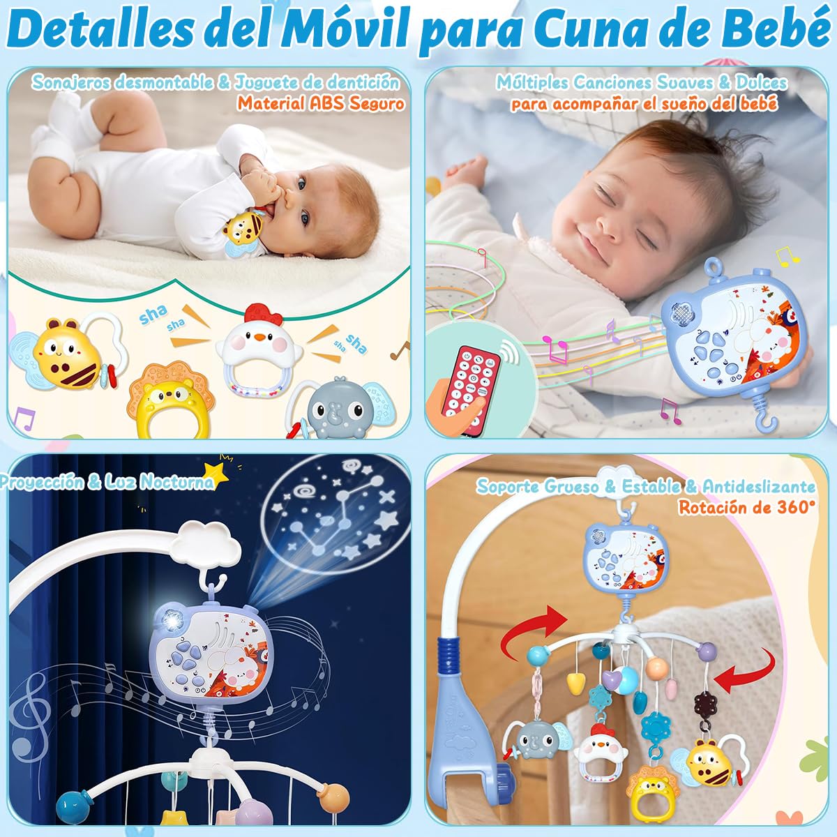 FHZLAJ Móvil para Cuna de Bebé, Móvil de Cama Decoración Infantil con Música Luz Nocturna Rotación 360°Control Remoto Proyección de Estrellas, Juguetes Colgantes Giratorios Regalo para Recién Nacidos