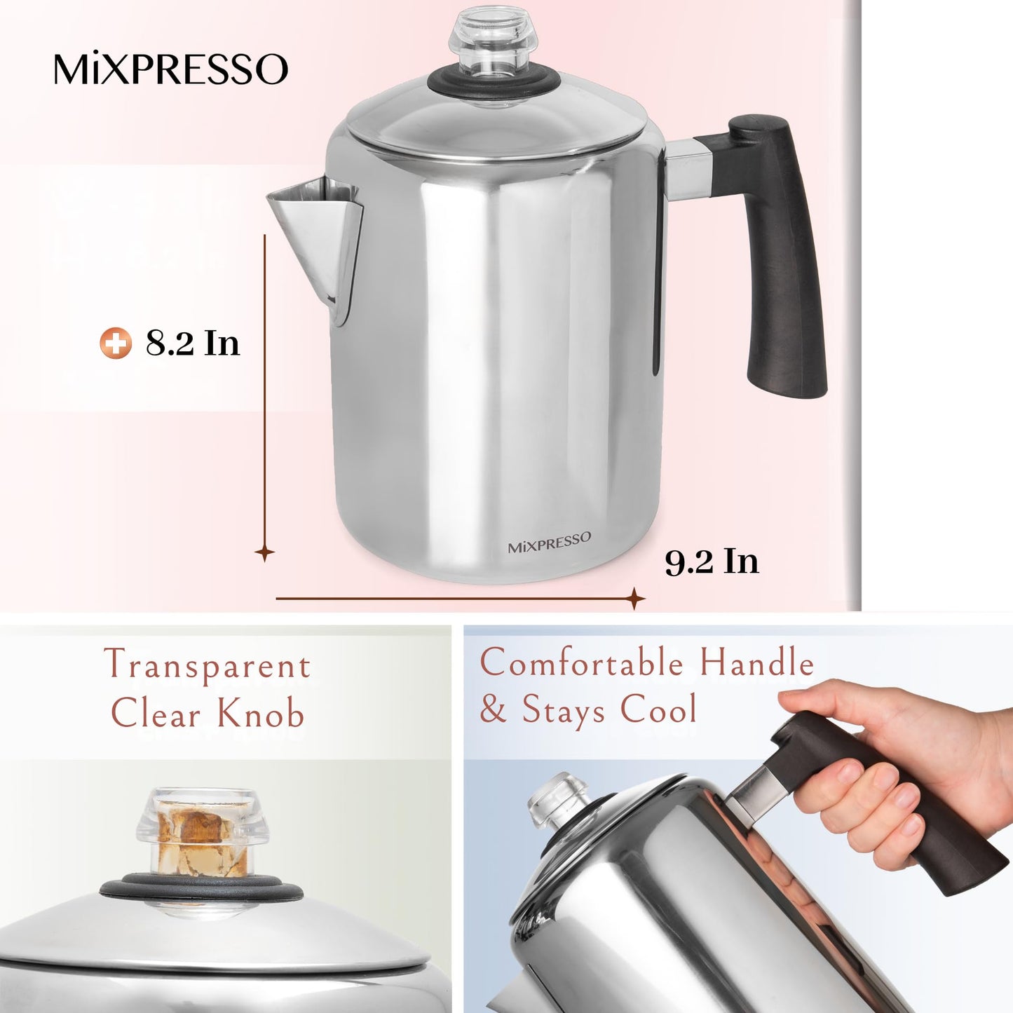 Mixpresso - Cafetera percoladora de acero inoxidable, excelente para camping, cafetera de 5 a 8 tazas