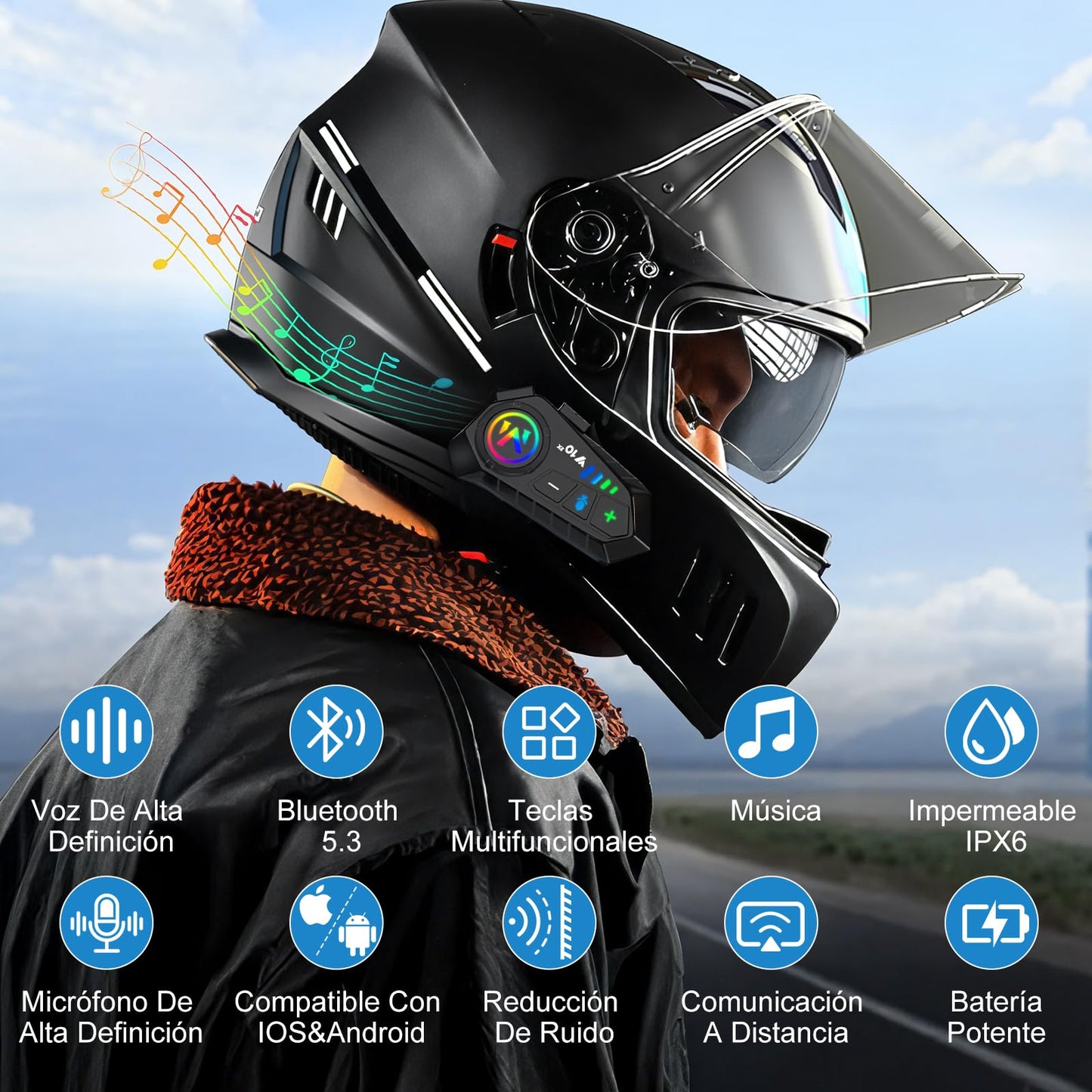 NACOOL Intercomunicador para Casco, Auricular Bluetooth para Motocicleta5.3, Gama Comunicación Intercom de 500m, Puede Conectar Dos Dispositivos al Mismo Tiempo, IPX6 a Prueba de Agua
