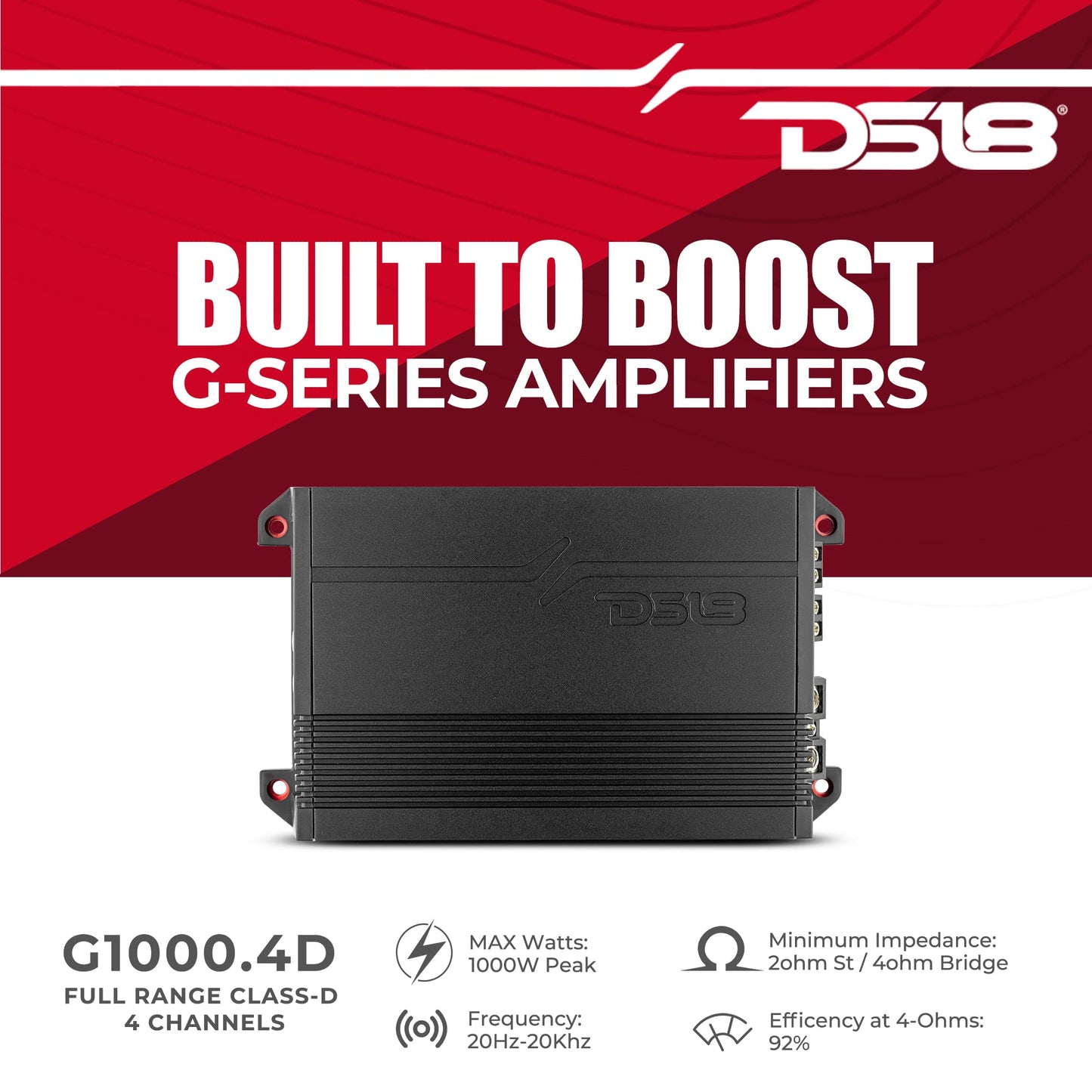 Amplificador de Coche DS18 Gen-X Rojo Clase D 4 Canales Compacto 1000 Vatios 2/4 Ohmios Estable y Puenteable