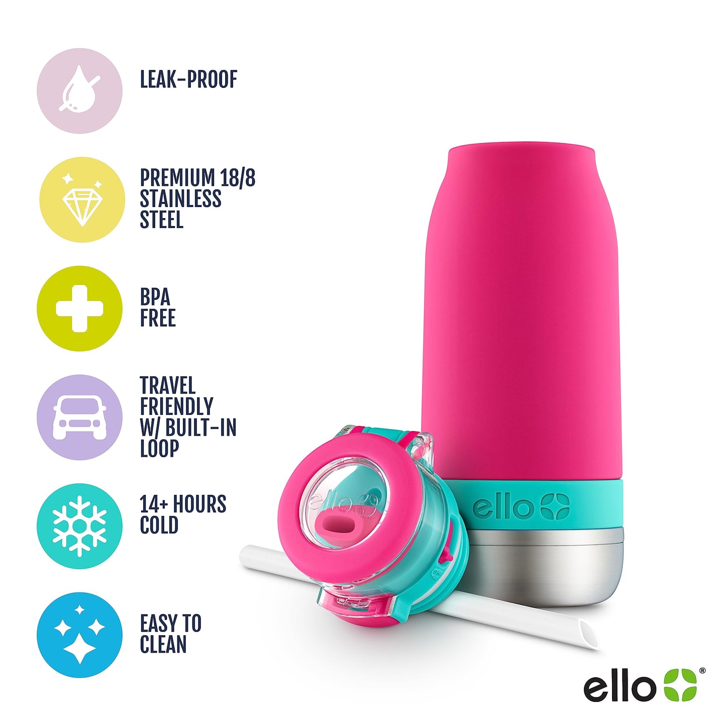 Ello Emma Botella de agua de acero inoxidable aislada al aspiradora con popote, 14 onzas, rosa tropical