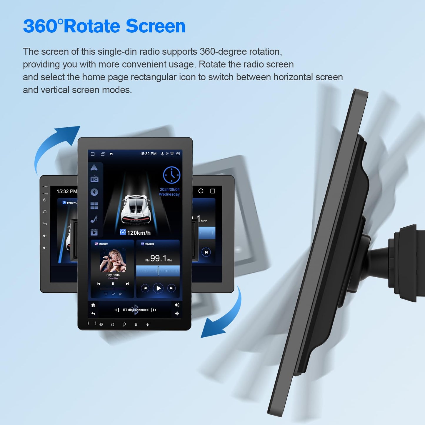 visualización táctil giratoria de 10.1 pulgadas para coche estéreo de un solo din: Android 13, inalámbrico CarPlay/Android Auto, CPU de 4 núcleos, 2 GB + 32 GB, navegación GPS, sonido Hi-Fi y