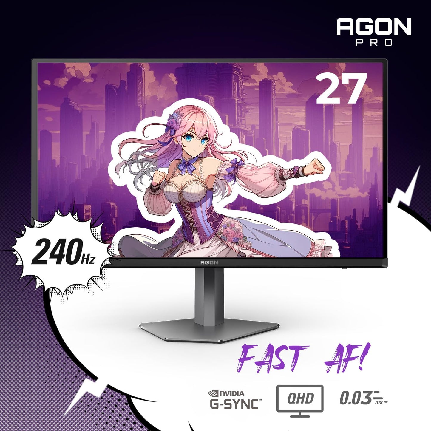 AOC Monitor para Juegos de torneos Agon Pro AG276QZD2 OLED de 27 Pulgadas, 2560 x 1440, 240 Hz, 0,03 ms, G-Sync, Compatible con PS5 y Xbox Switch, Brilla Negro Pantalla OLED QHD de 27"
