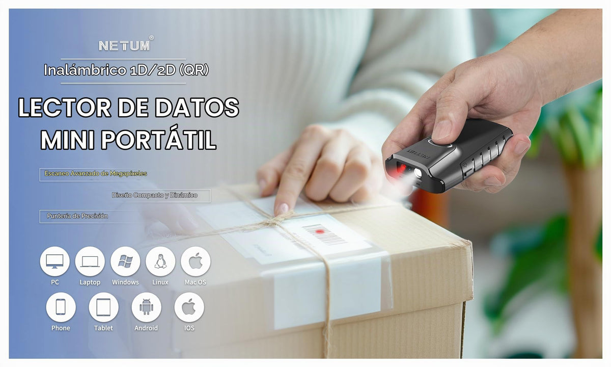 Escáner de Código de Barras NETUM Bluetooth 2D Portátil QR Automático Inalámbrico pequeño con Clip Trasero Compatible con Tablet iOS Android Windows MacOS