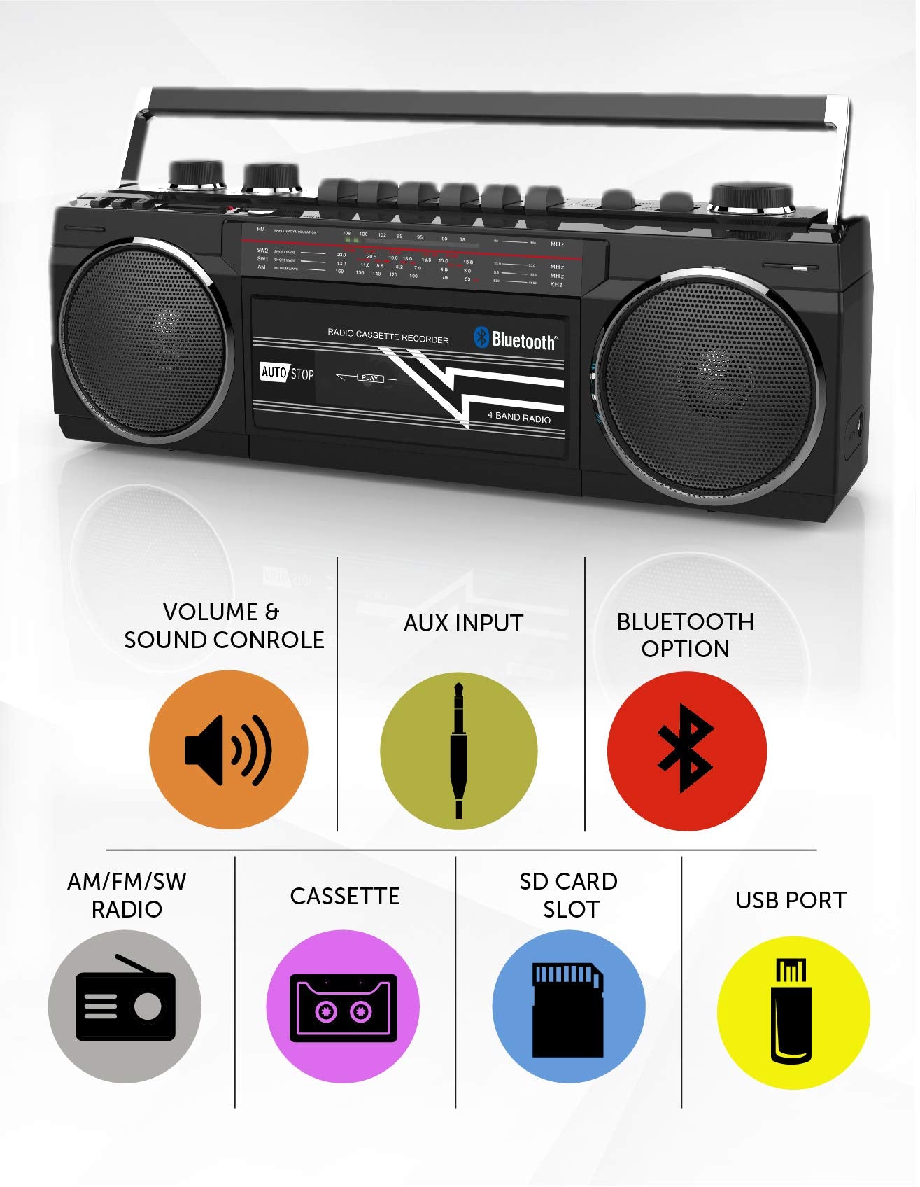 Boombox Bluetooth Retro Riptunes Negro Reproductor de Casete y Radio AM/FM/SW-1-SW2