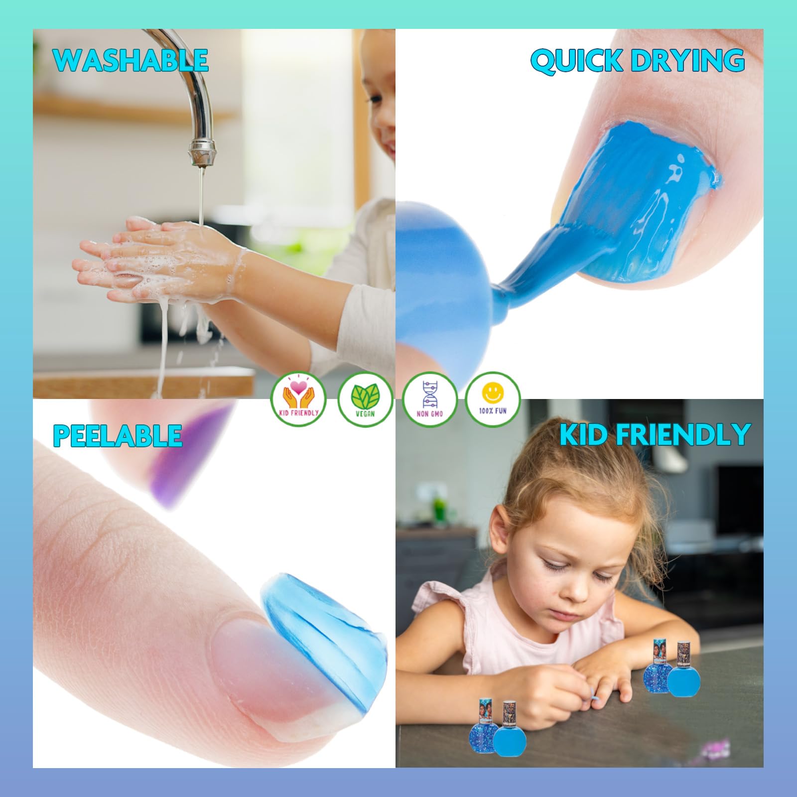 Moana 18 piezas base de agua seguro kit de esmalte de uñas de secado rápido | Juego de pintura de uñas para regalo de cumpleaños para niñas, colores brillantes y opacos| Niños mayores de 3 años