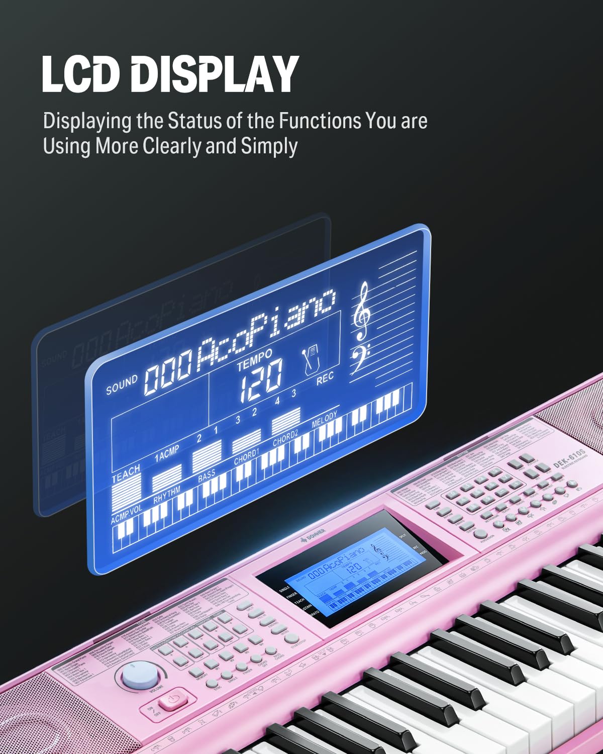 Donner - Teclado Piano de 61 teclas, kit de teclado eléctrico con 249 voces, 249 ritmos, incluye soporte para piano, taburete, micrófono, regalo para principiantes, rosa (DEK-610S)