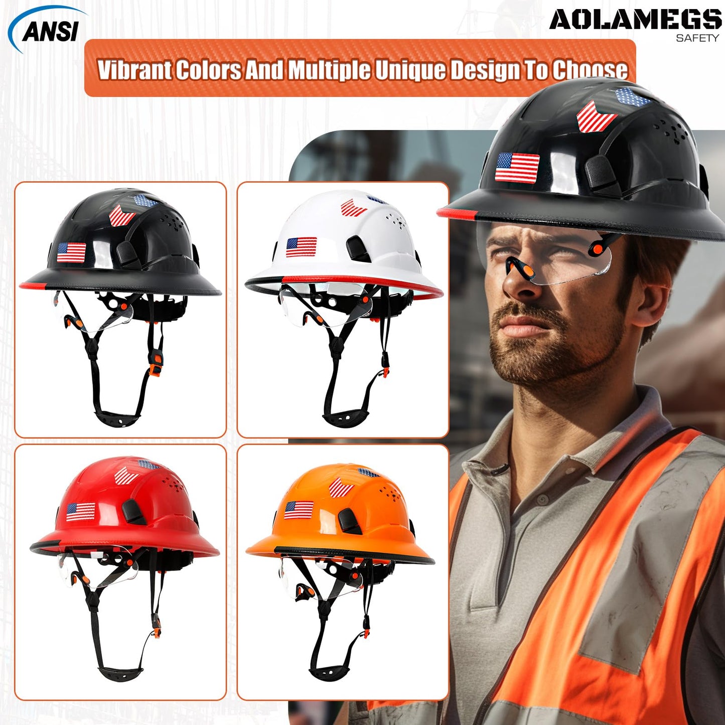 Cascos duros de borde completo con visera de construcción aprobados por OSHA - Cascos duros ventilados para hombres, Casco duro negro con correa para la barbilla, seguridad negro con visera tintada