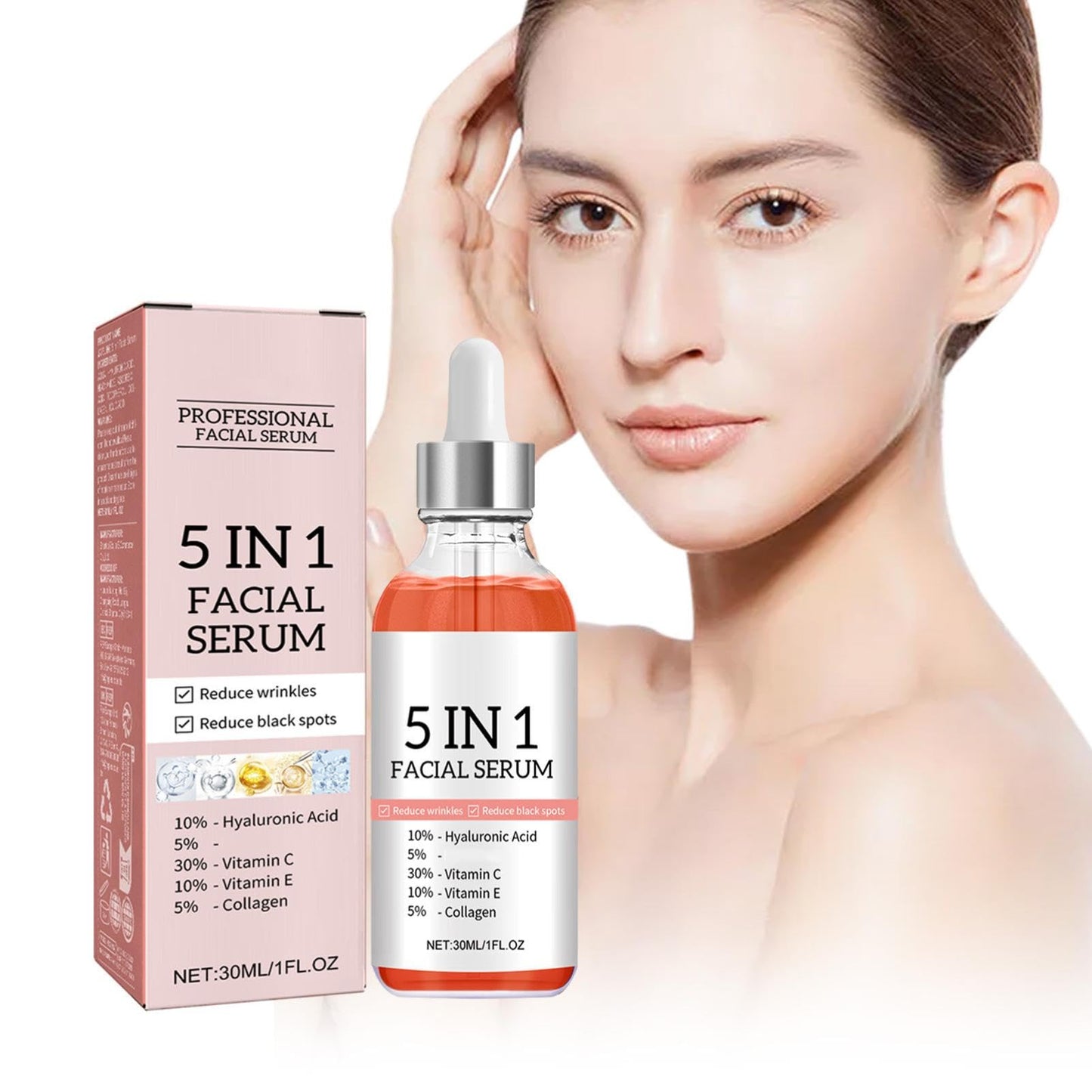 Suero Facial 5 en 1 Antimanchas y Antienvejecimiento con Vitamina C y Ácido Hialurónico - 3 Piezas - Para Todo Tipo de Piel - Serum Facial Mujer - Tratamiento Facial Completo