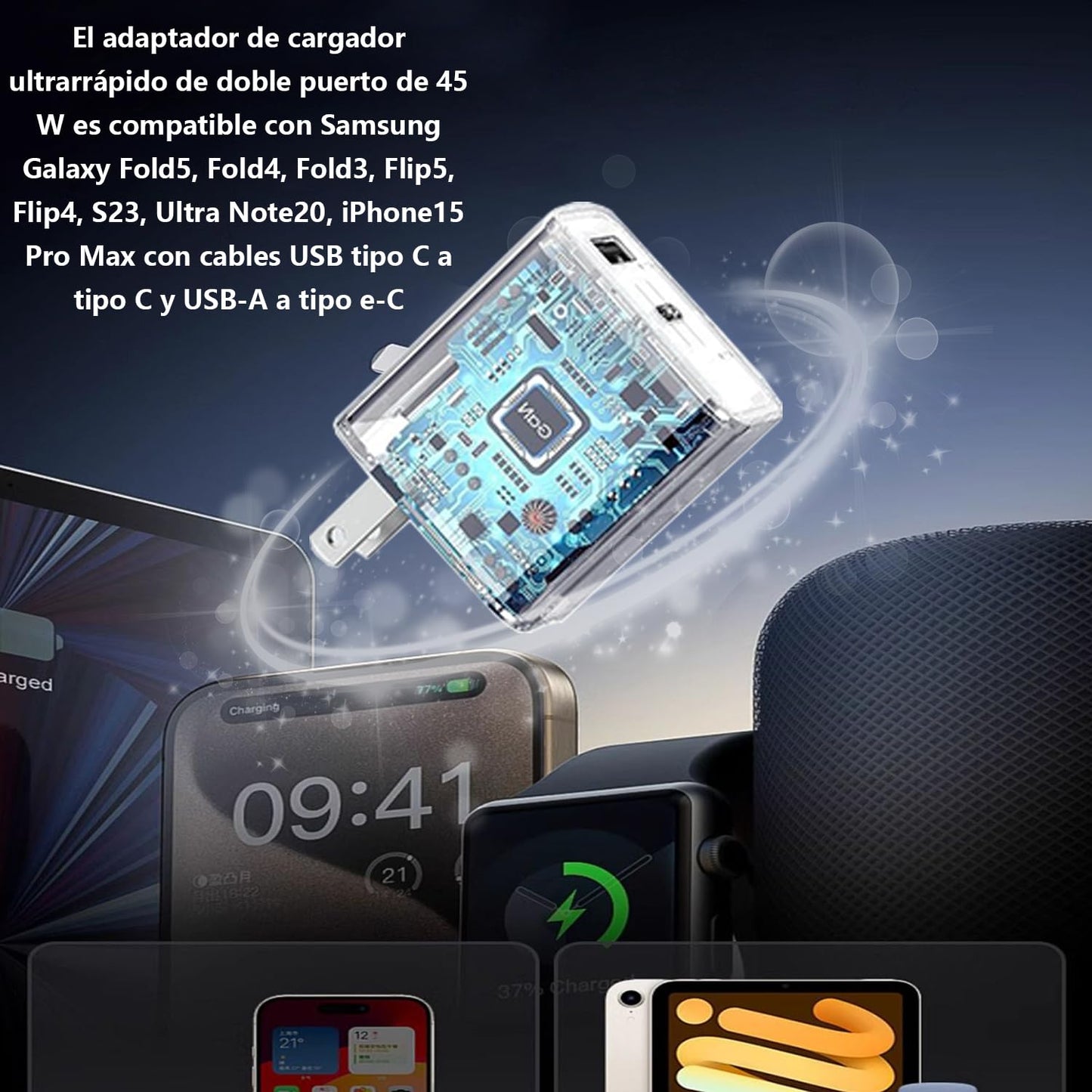 Cargador 45w Carga Rápida, para Samsung Galaxy S23/S24, PD 2 Puertos, USB C+USB A con 1.8M Cable USB c Carga rapida,Cargador Carga rapida