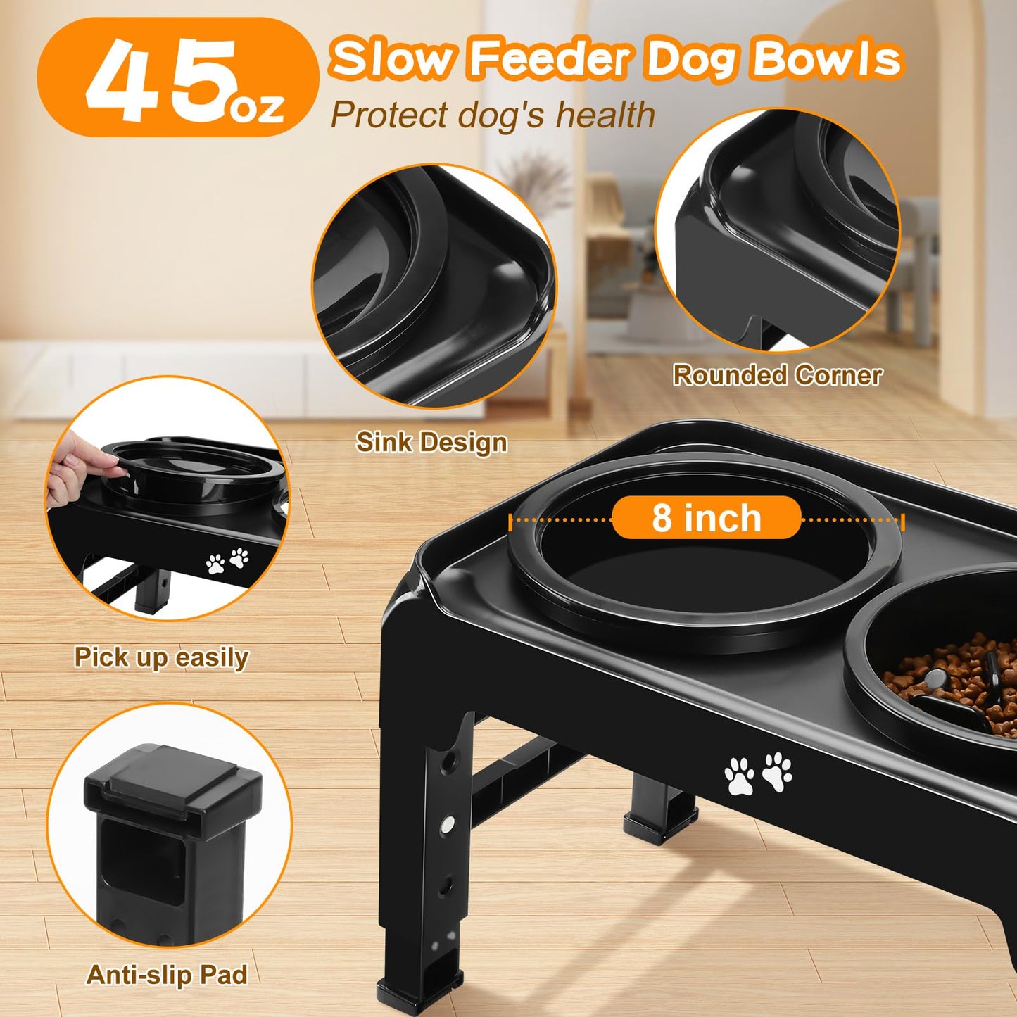 COMESOON SELPONT Bowls Slow Feeder with No Spill Dog Water Bowl 4 Height Adjustable Raised Dog Bowl Stand for Food and Water, Non-Slip Dog Feeder for Medium Large Dogs, Black