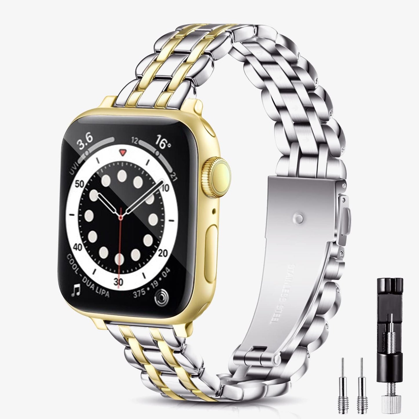 Acero Inoxidable Correa Compatible con Apple Watch/iWatch Serie 9/8/7/6/5/4/3/2/1/SE/SE2/Ultra, Apple Watch Correa 38mm 40mm 41mm 42mm 44mm 45mm 49mm. (38mm/40mm/41mm, Plata e Oro)