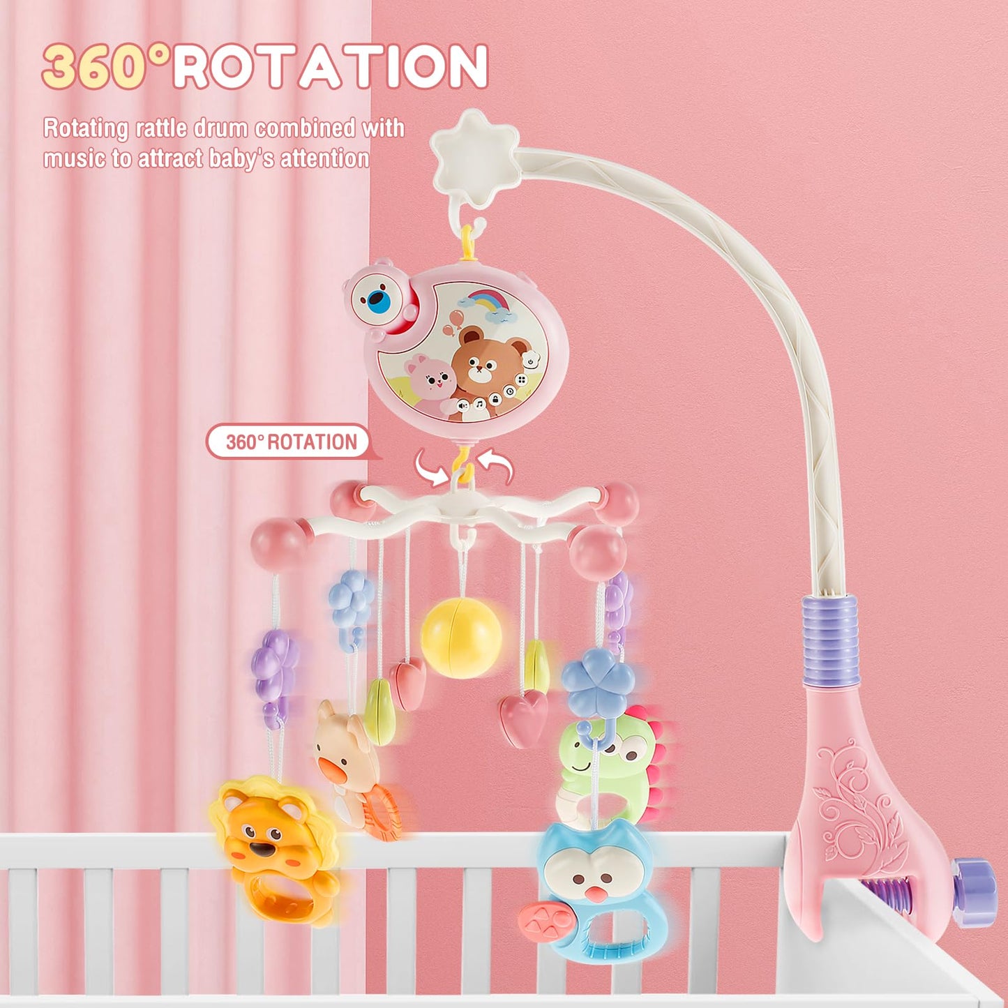 Móvil para cuna musical, juguetes colgantes para cuna con música y luces nocturnas, móvil para cuna de bebe rotación de 360° para bebé, regalo para recién nacidos (rosa)