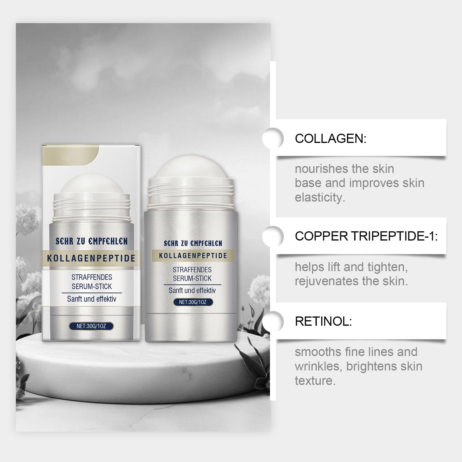 Suero Reafirmante en Barra con Péptidos de Colágeno y Retinol para Rostro y Cuello