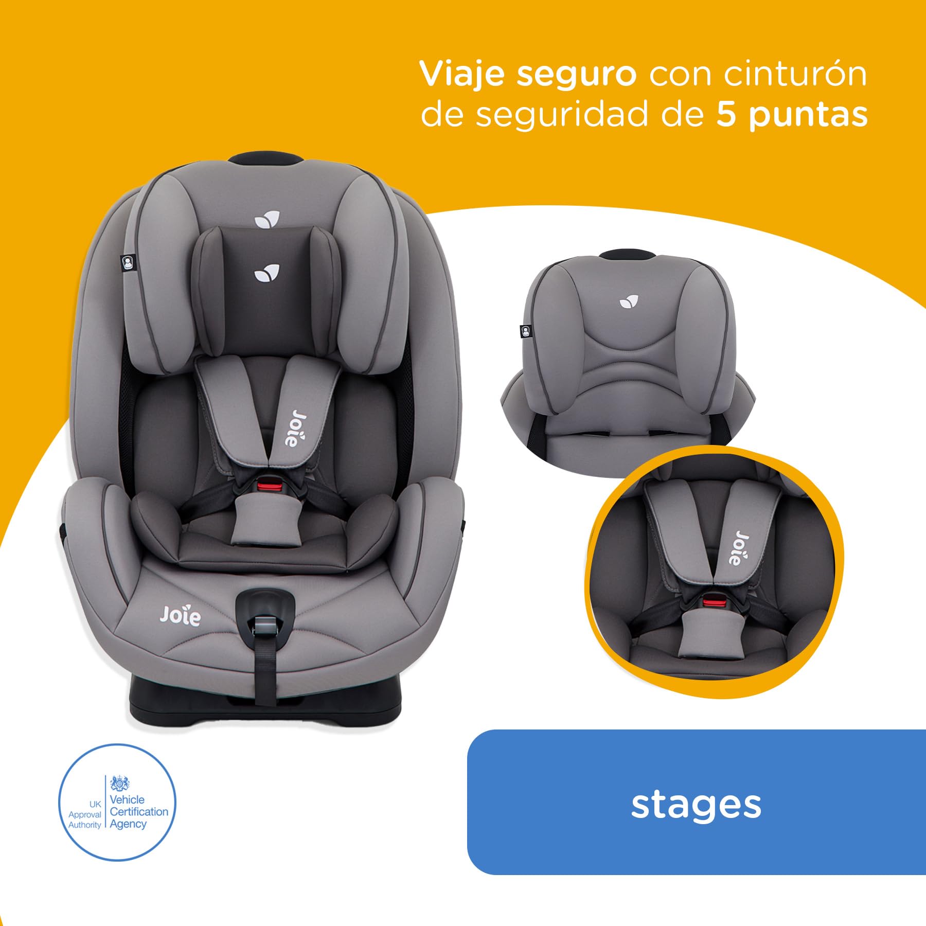 Autoasiento Joie Gris con Sistema contra Impactos Laterales y de Reclinado para Bebé hasta 8 Años Reversible