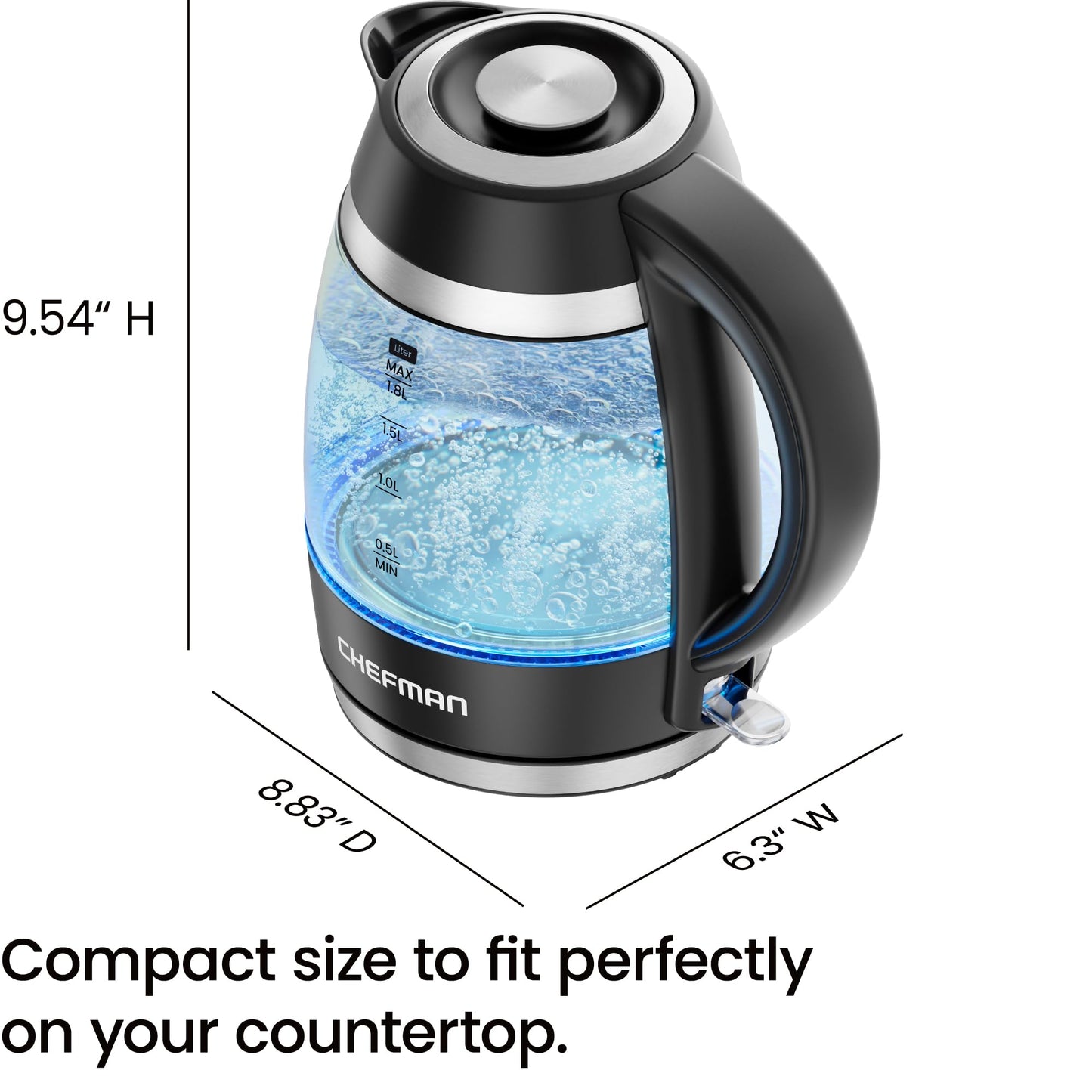 Chefman Hervidor eléctrico para agua hirviendo, 1.8L 1500W, agua caliente en 3 minutos, luces LED, apagado automático, protección de ebullición y secado, hervidor de té eléctrico de vidrio negro