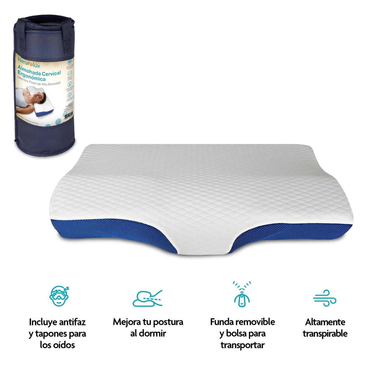 Almohada de Memory Foam Neurolux Blanco Ergonómica Ortopédica para Aliviar Dolor de Cuello y Espalda