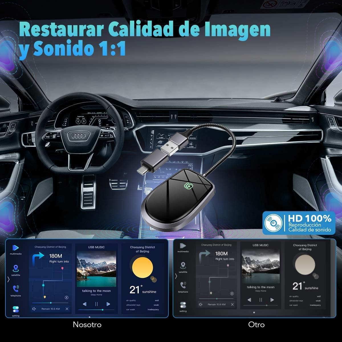 Fitpolo Carplay Inalambrico para Auto, Carplay Inalambrico Adaptador para iPhone, Actualización de por Cable a Inalámbrico, 5GHz WiFi, Conexión Automática Rápida, Soporta iOS 10+(Round)