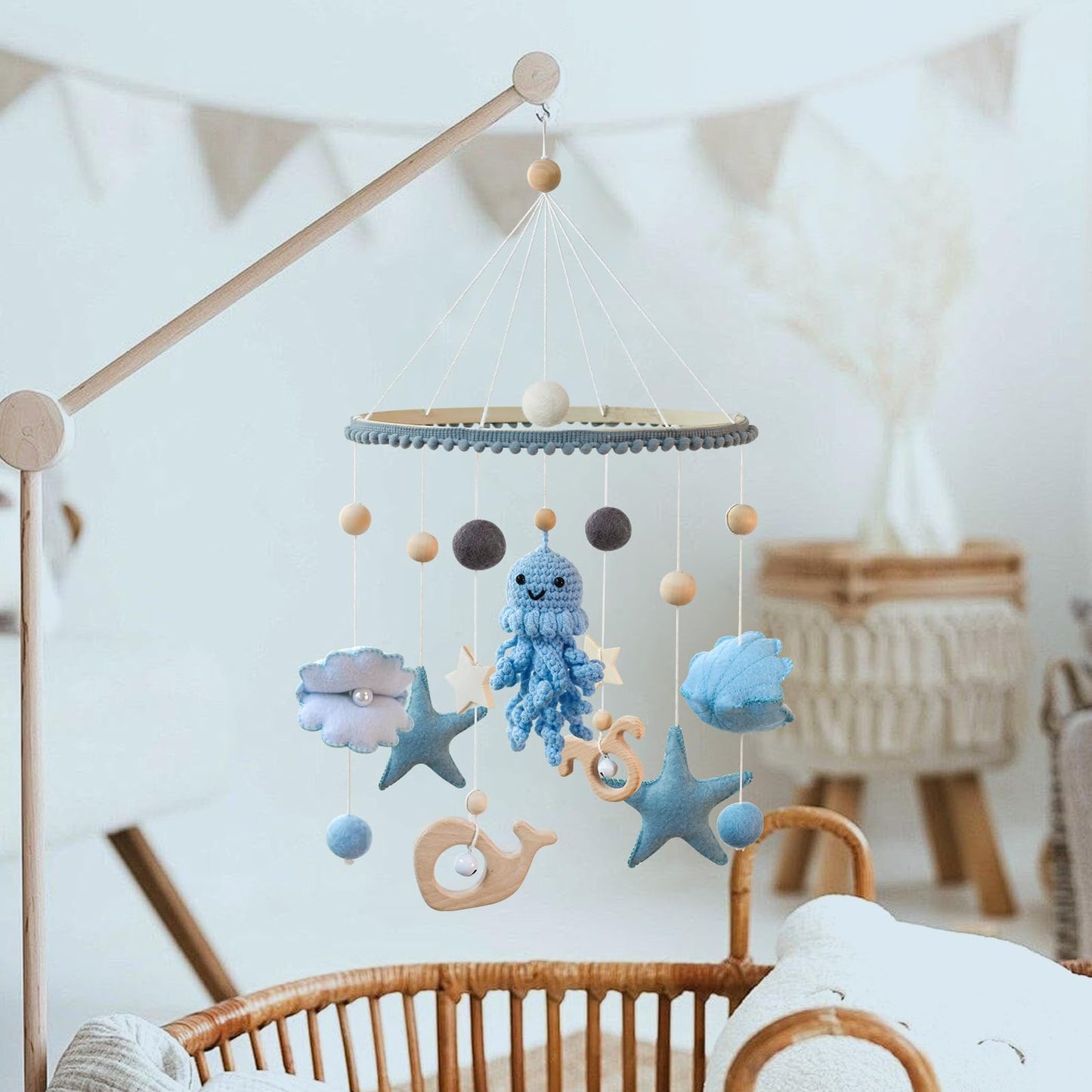 Móvil para cuna de bebé para niñas y niños, con temática oceánica para cuna, fieltro de ganchillo, pulpo, ballena, estrella de mar, guardería móvil para moisés, decoración de guardería