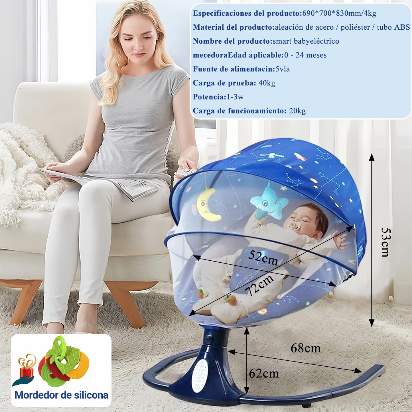 Mecedora Eléctrica PERFECTOP Azul Estrellado con Bluetooth y Mando a Distancia para Bebé