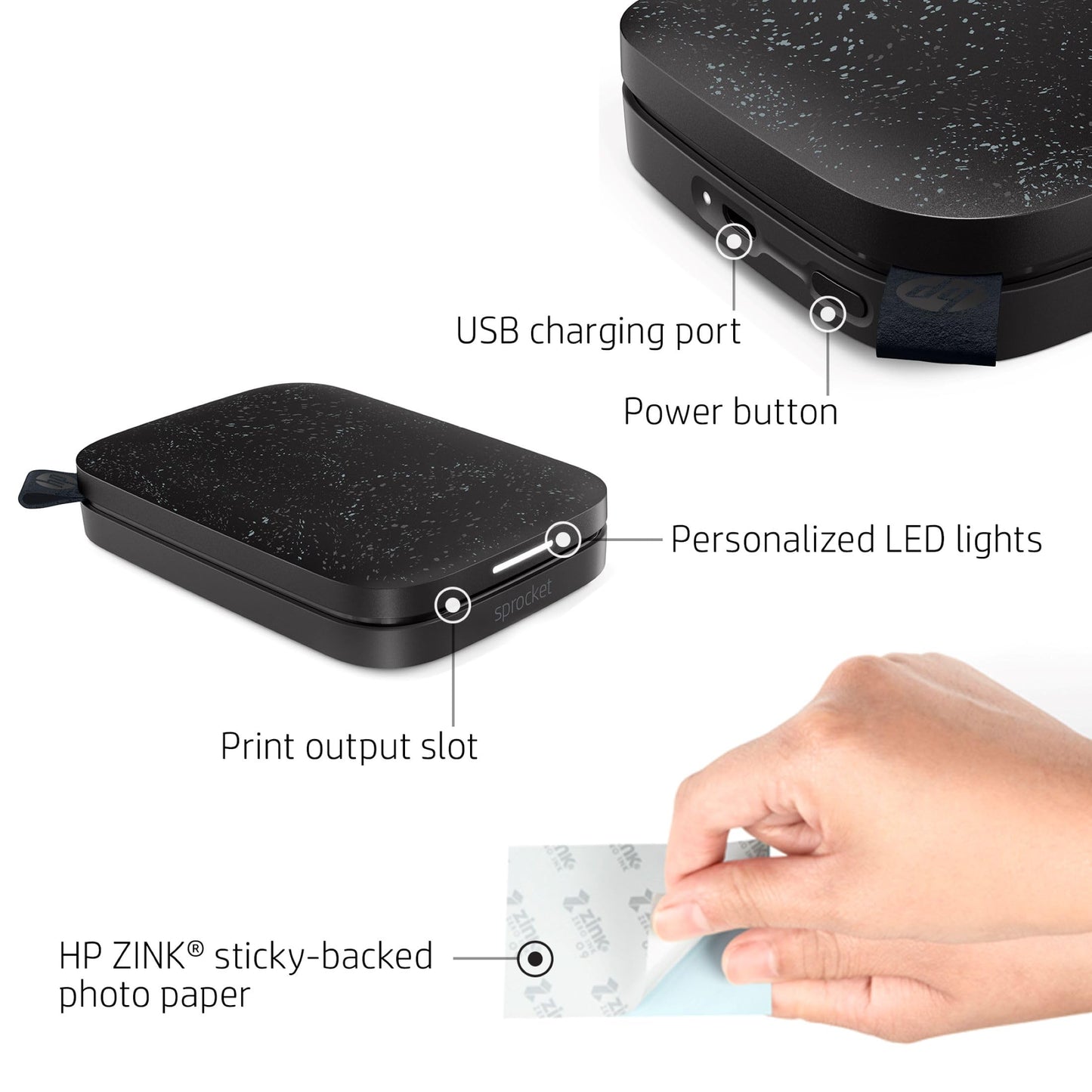 HP Sprocket Portable Photo Printer (2nd Edition) – Instantly print 2x3" sticky-backed photos from your phone – Noir 1AS86A