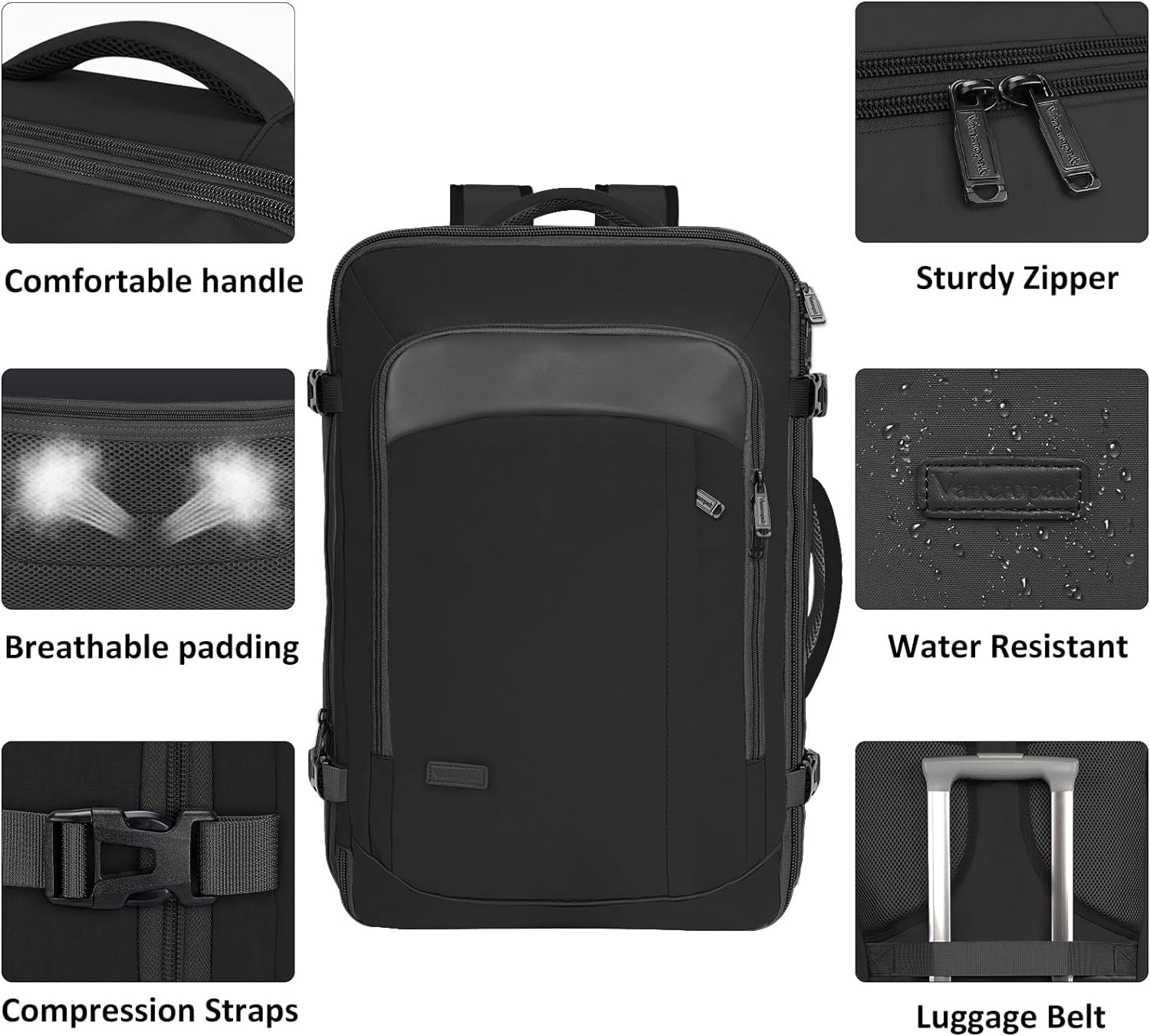 Mochila de Viaje Vancropak Negro Expandible 50L Impermeable para Mujer y Hombre