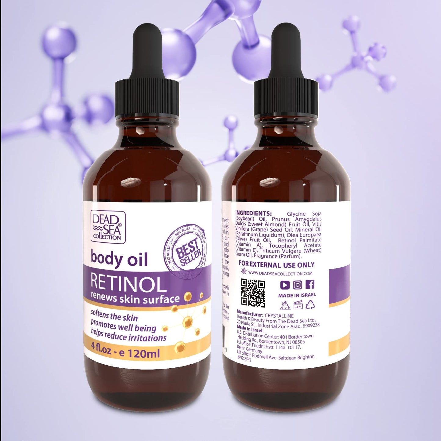 Dead Sea Collection VERSAINSECT ollection Body Oil with Retinol - Dry Skin Moisturizer and Hydrating Massage Oil - Nourishing Bath Oil-Increase Skin Elasticity and Provide Anti-Aging Support for Your Body (Pack of 2)