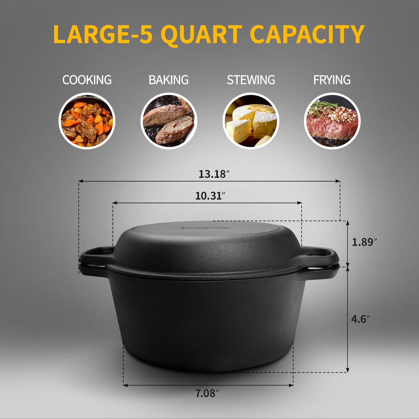 EDGING CASTING - Olla de hierro fundido presazonada 2 en 1 con tapa de sartén, sartén de hierro fundido con doble asa, para interior y exterior para pan/freír/hornear/acampar/barbacoa, 5 cuartos