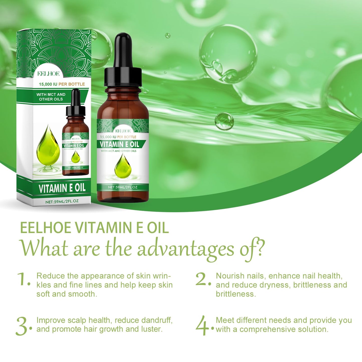 Genérico Aceite de Vitamina E de 59 ml para Cicatrices en la Piel, Cuerpo, Rostro, Cabello, Cuidado de Las uñas, fórmula Pura y Natural Que Ayuda a nutrir la Piel