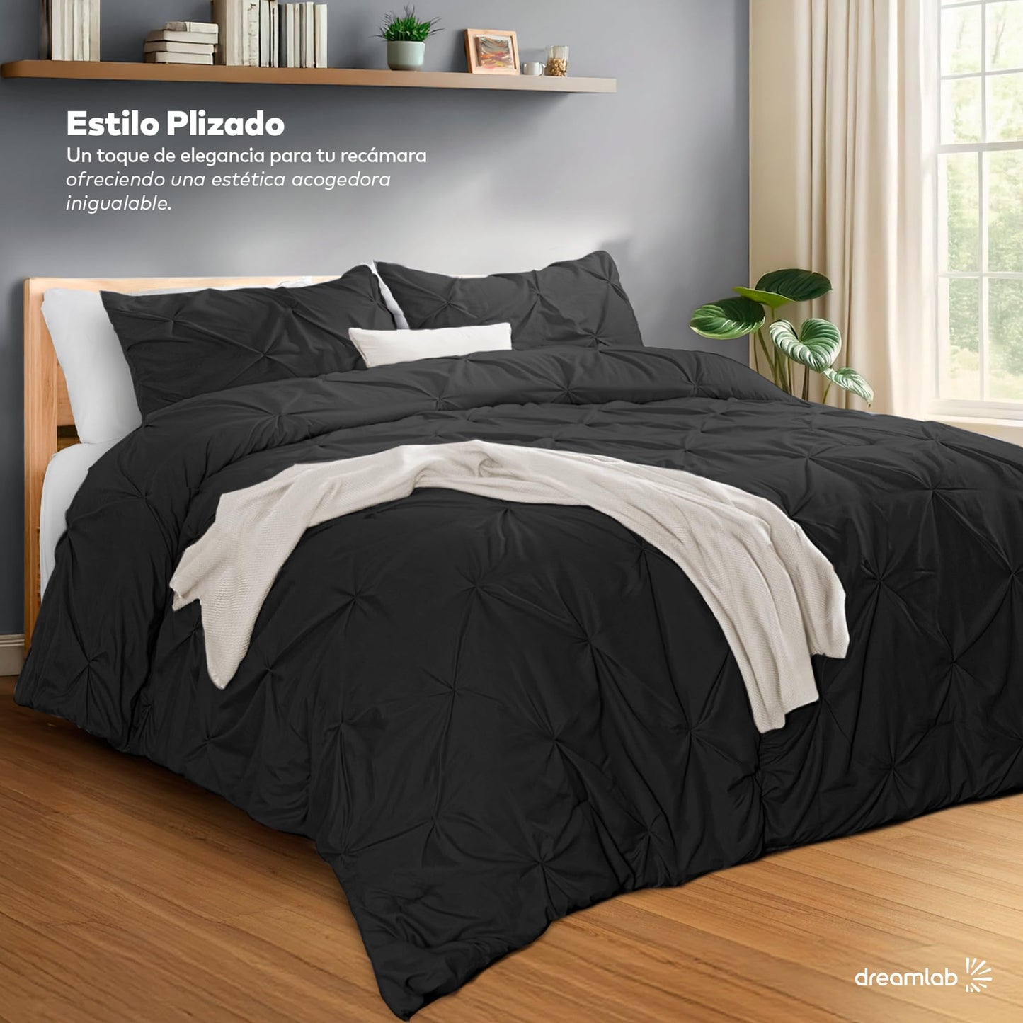 Juego Edredón Dreamlab Negro con Elegantes Pliegues y Funda de Almohada Hipoalergénico para Todo el Año 162x223cm Individual